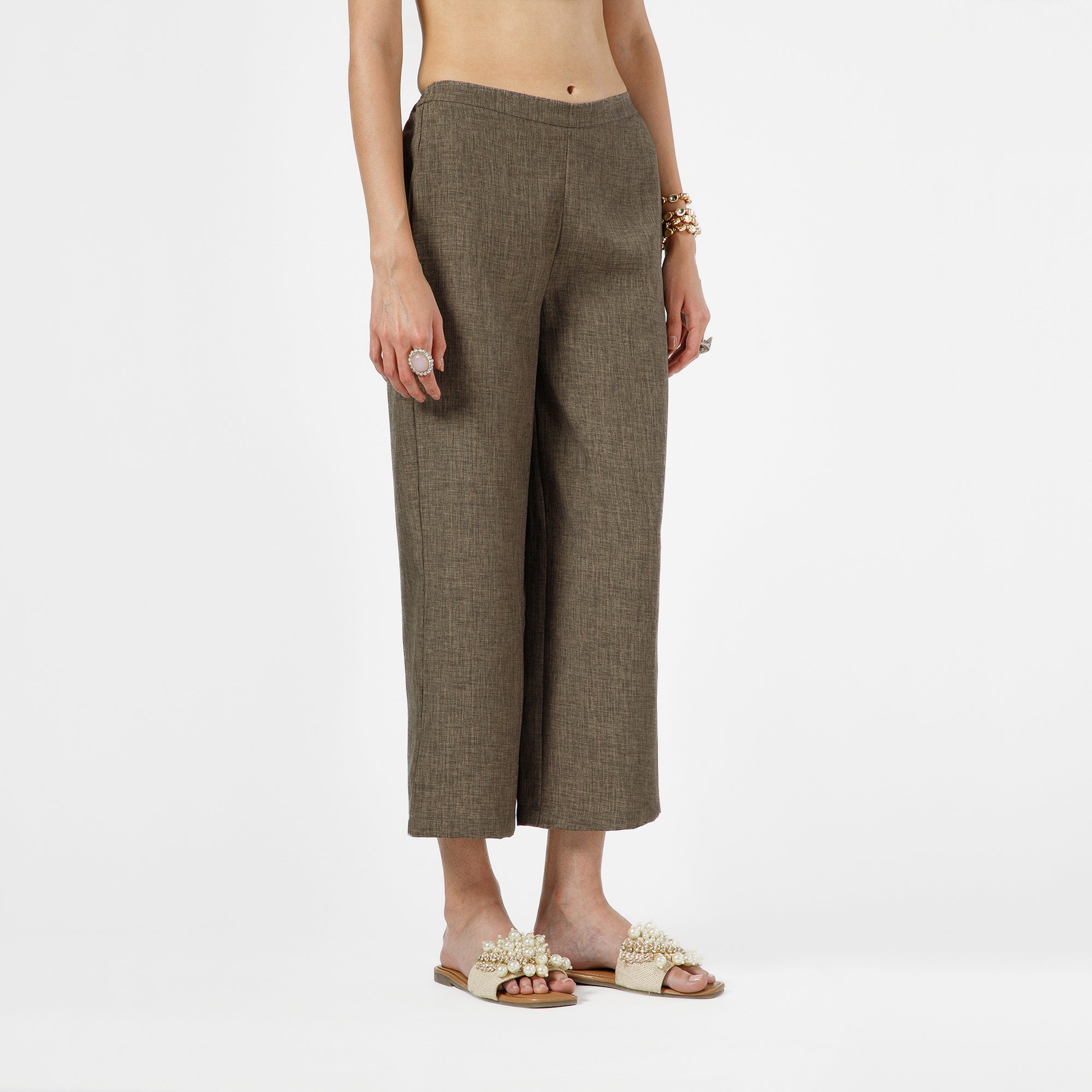 Brown Cotton Slub Linen Textured Plazzo