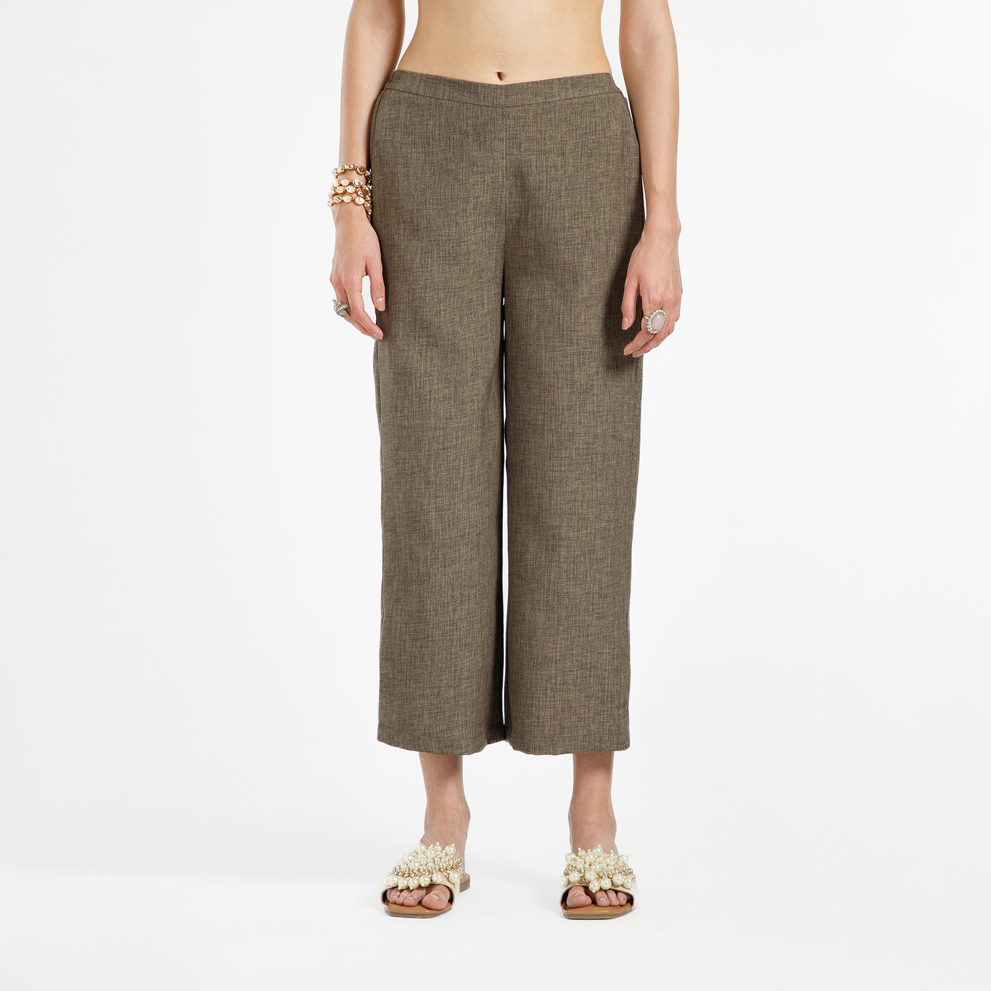 Brown Cotton Slub Linen Textured Plazzo