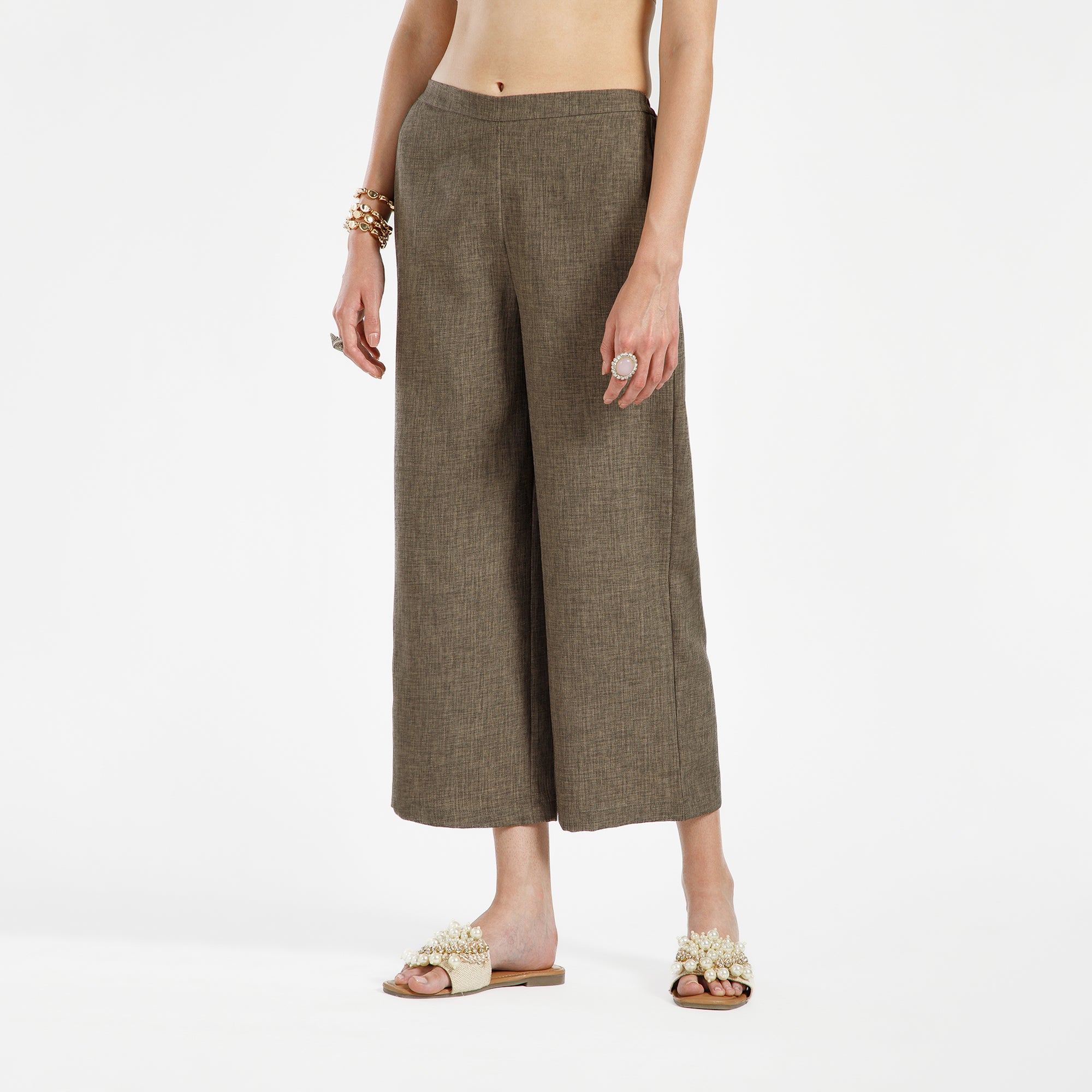Brown Cotton Slub Linen Textured Plazzo
