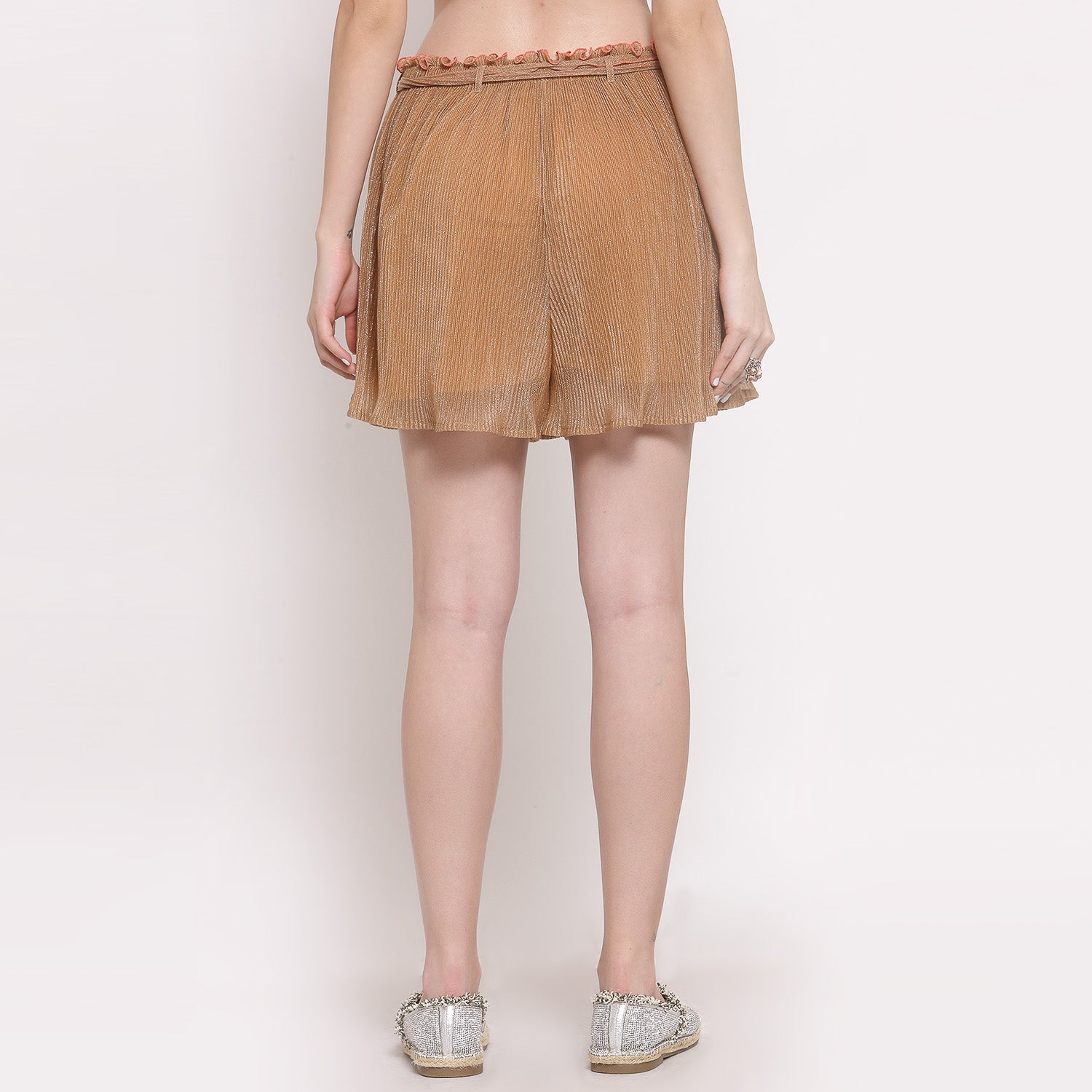 Plisse Beige Shorts With Belt