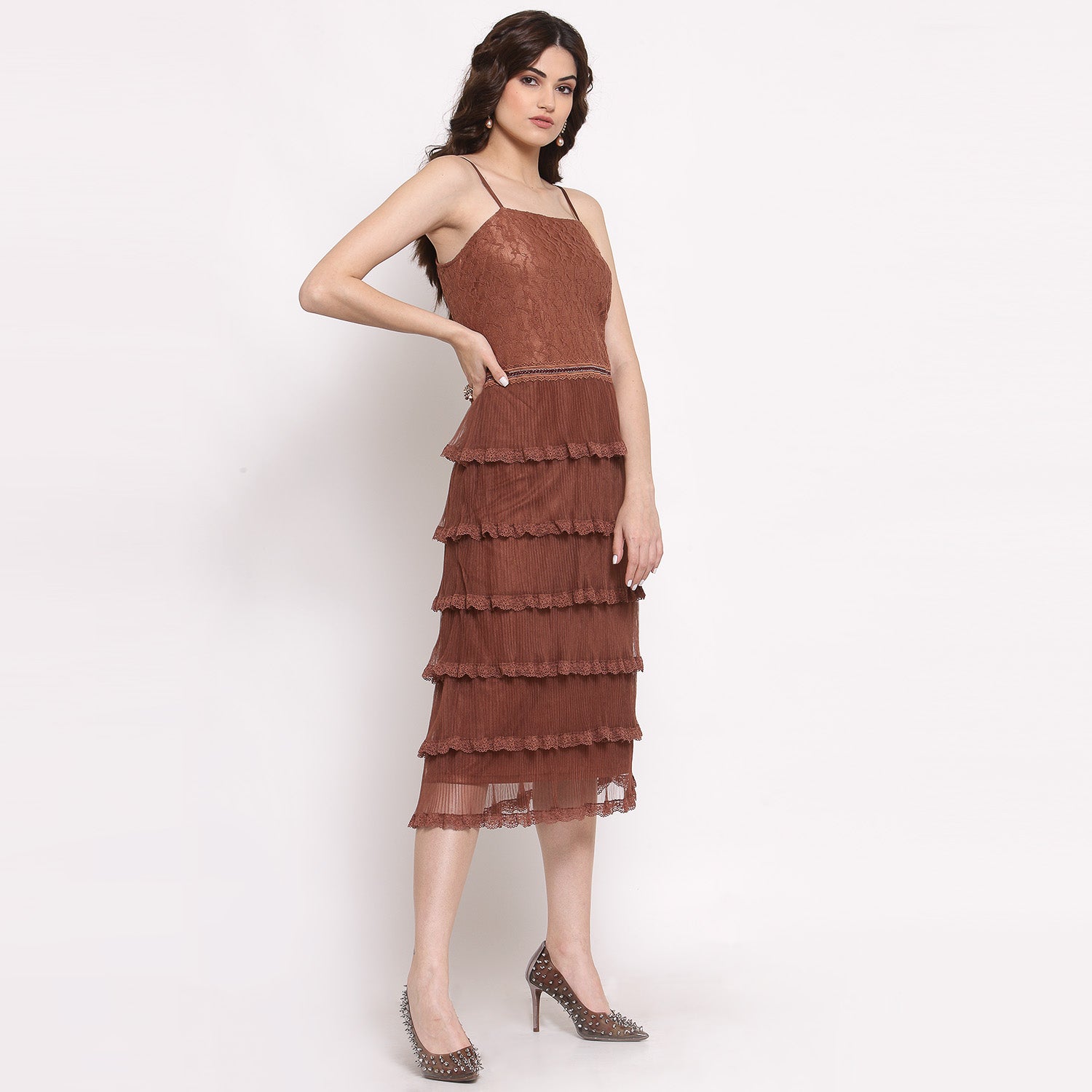 Brown Net Frill Dress