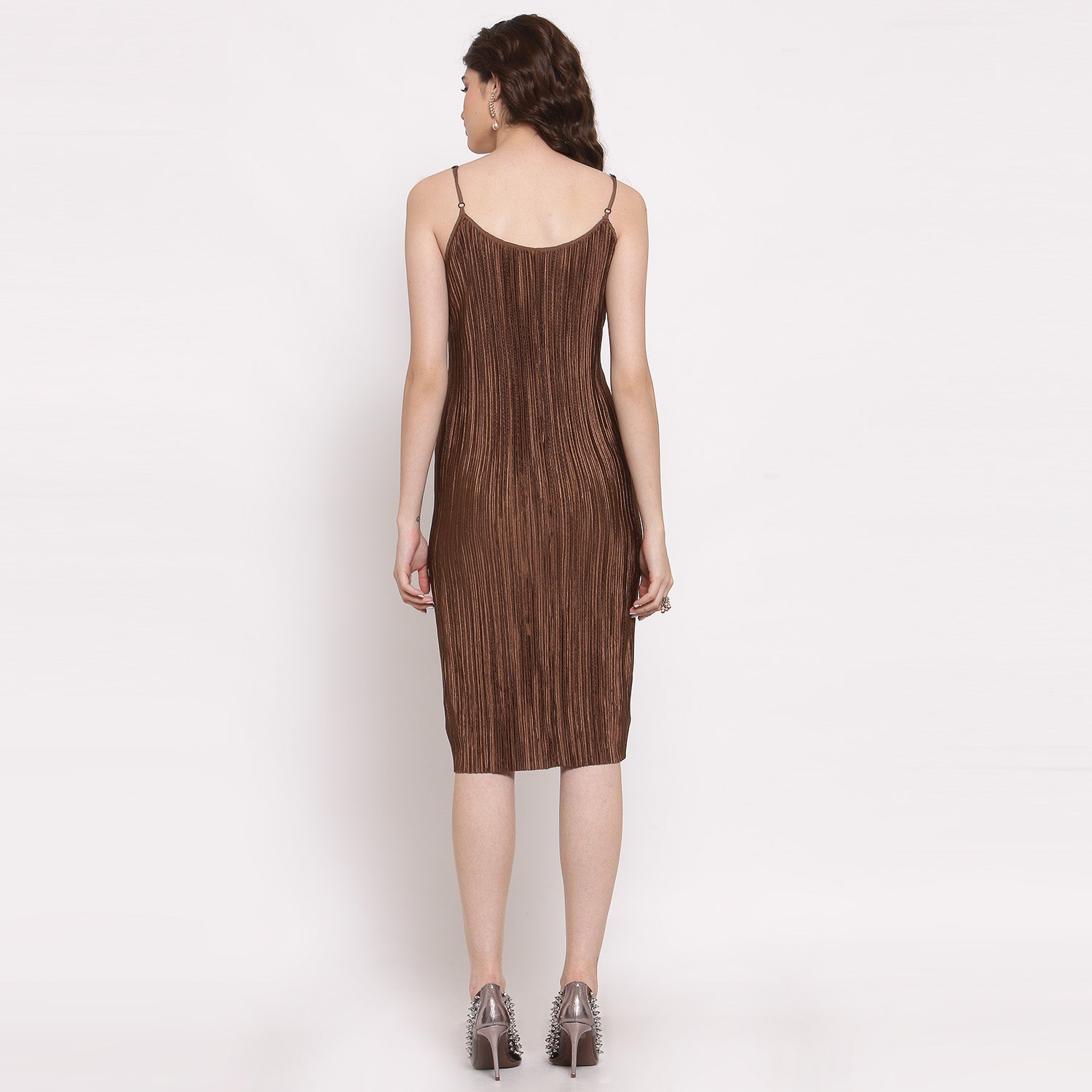 Brown Satin Plisse Fabric Spaghetti Dress