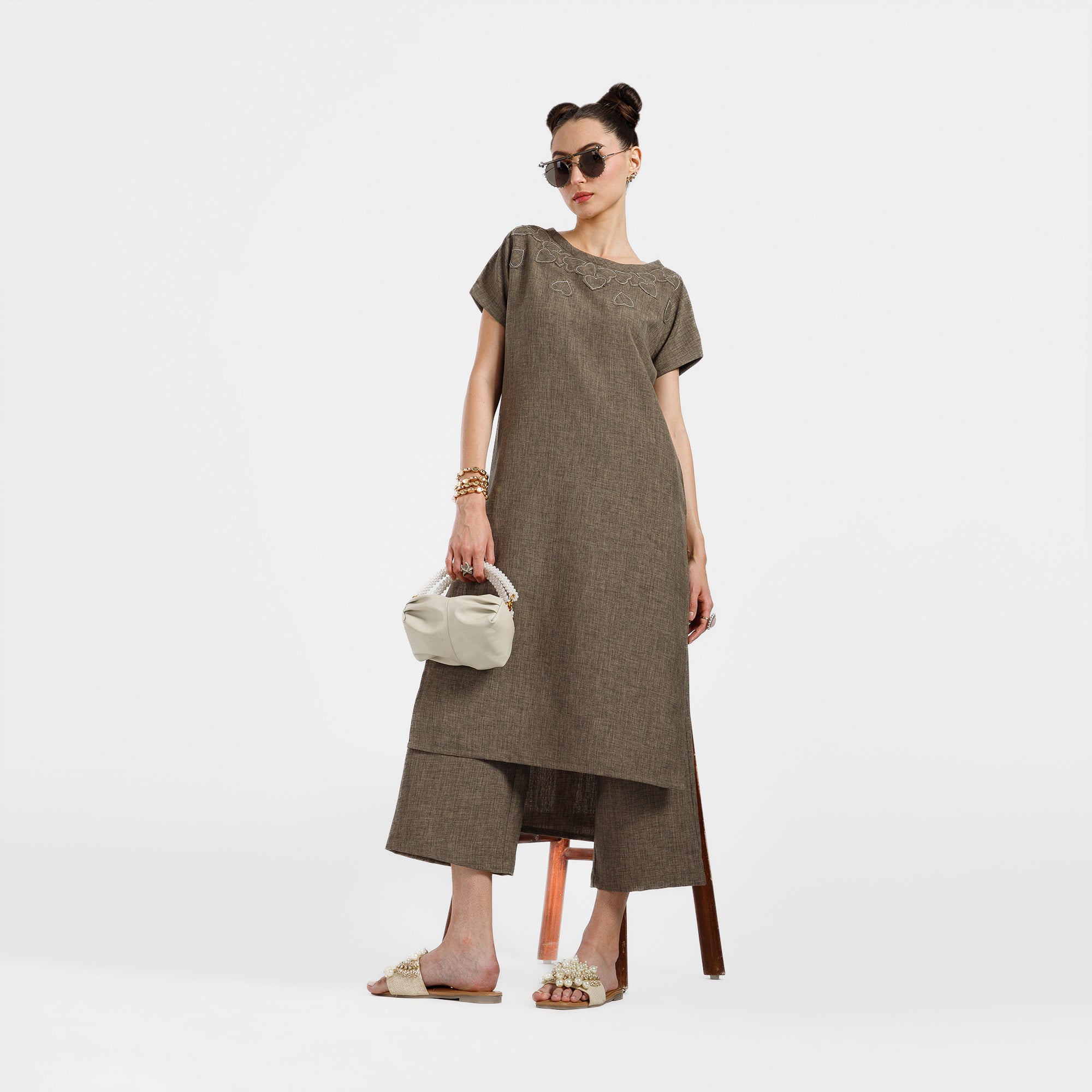 Brown Cotton Slub Linen Textured Kurta With Heart Neck Patch