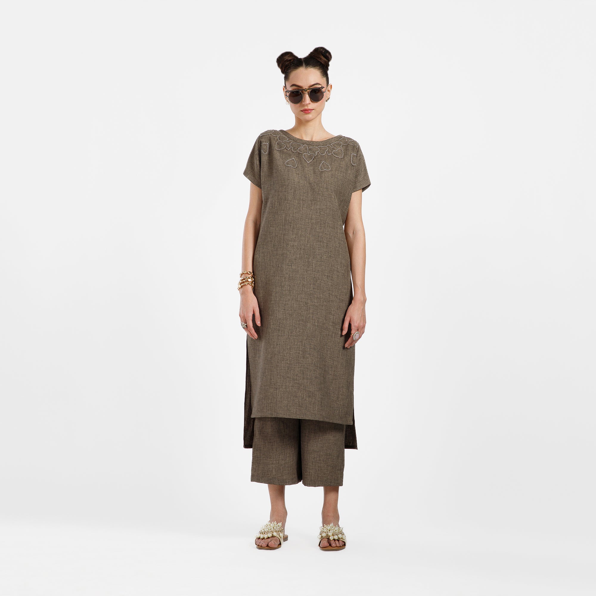 Brown Cotton Slub Linen Textured Plazzo