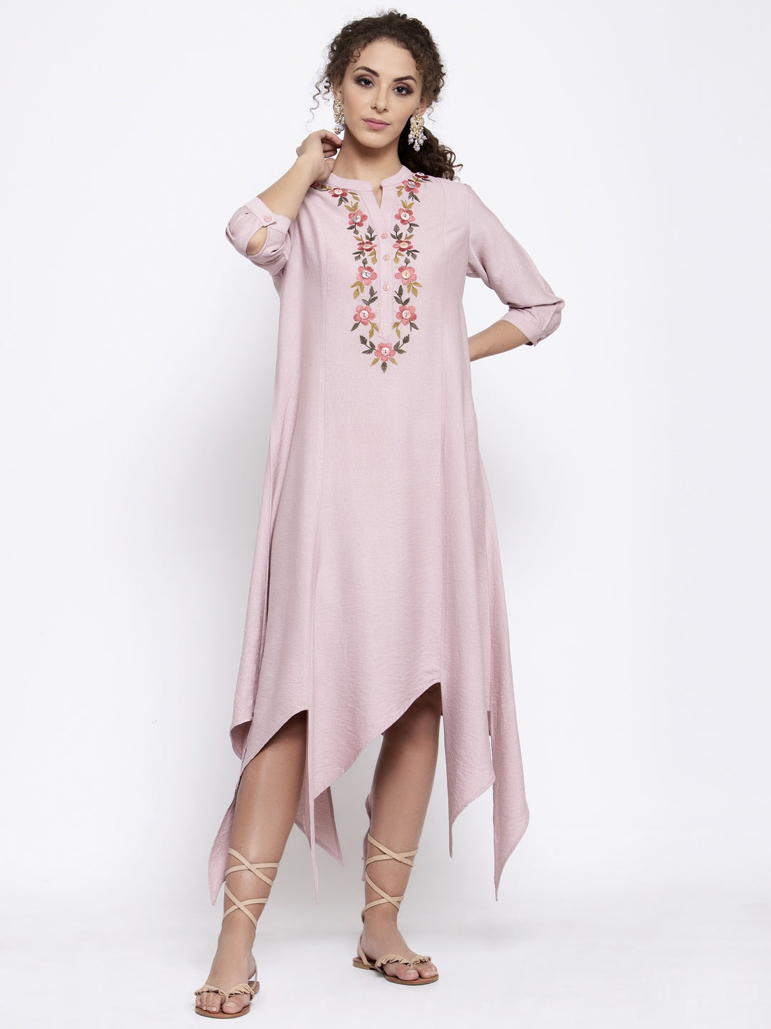 Pink Linen Triangle Dress With Buttons Embroidery