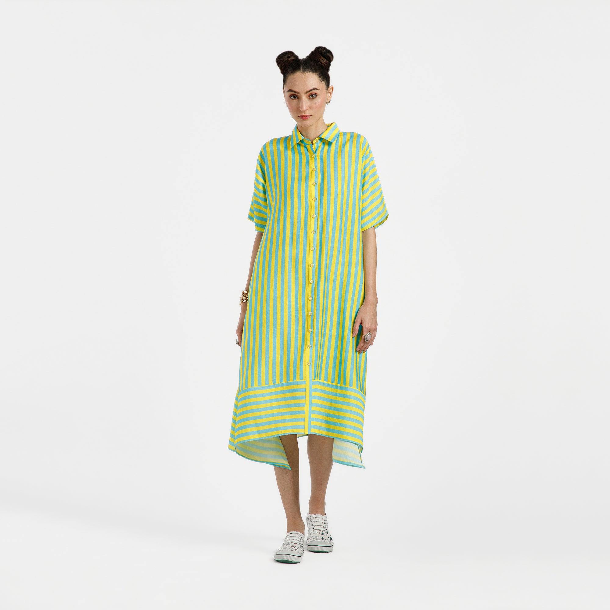Blue And Yellow A-Line Viscose Print Dress