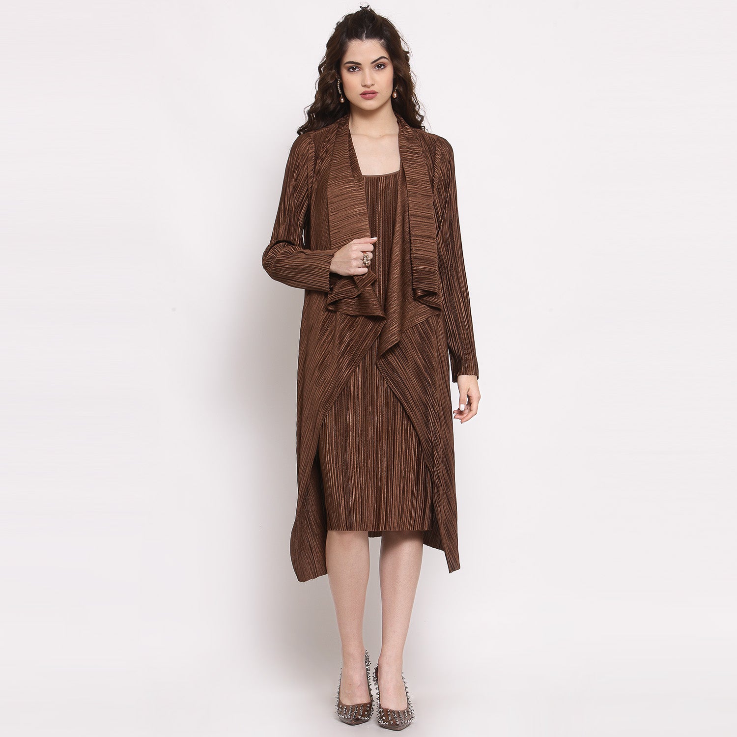 Brown Satin Plisse Drape Jacket