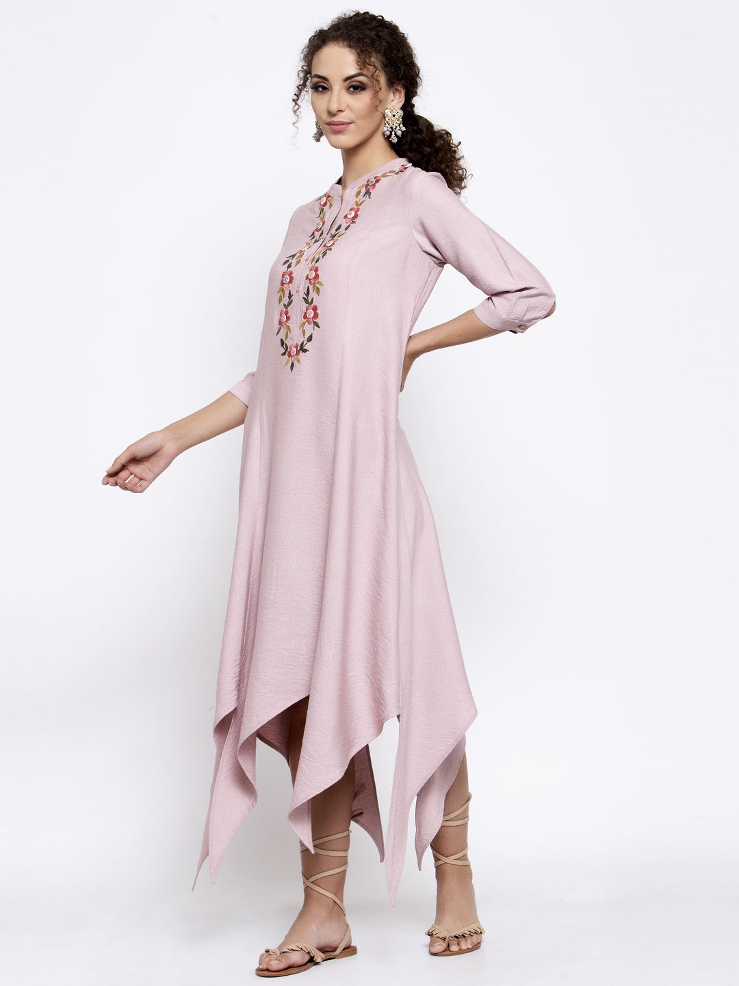 Pink Linen Triangle Dress With Buttons Embroidery