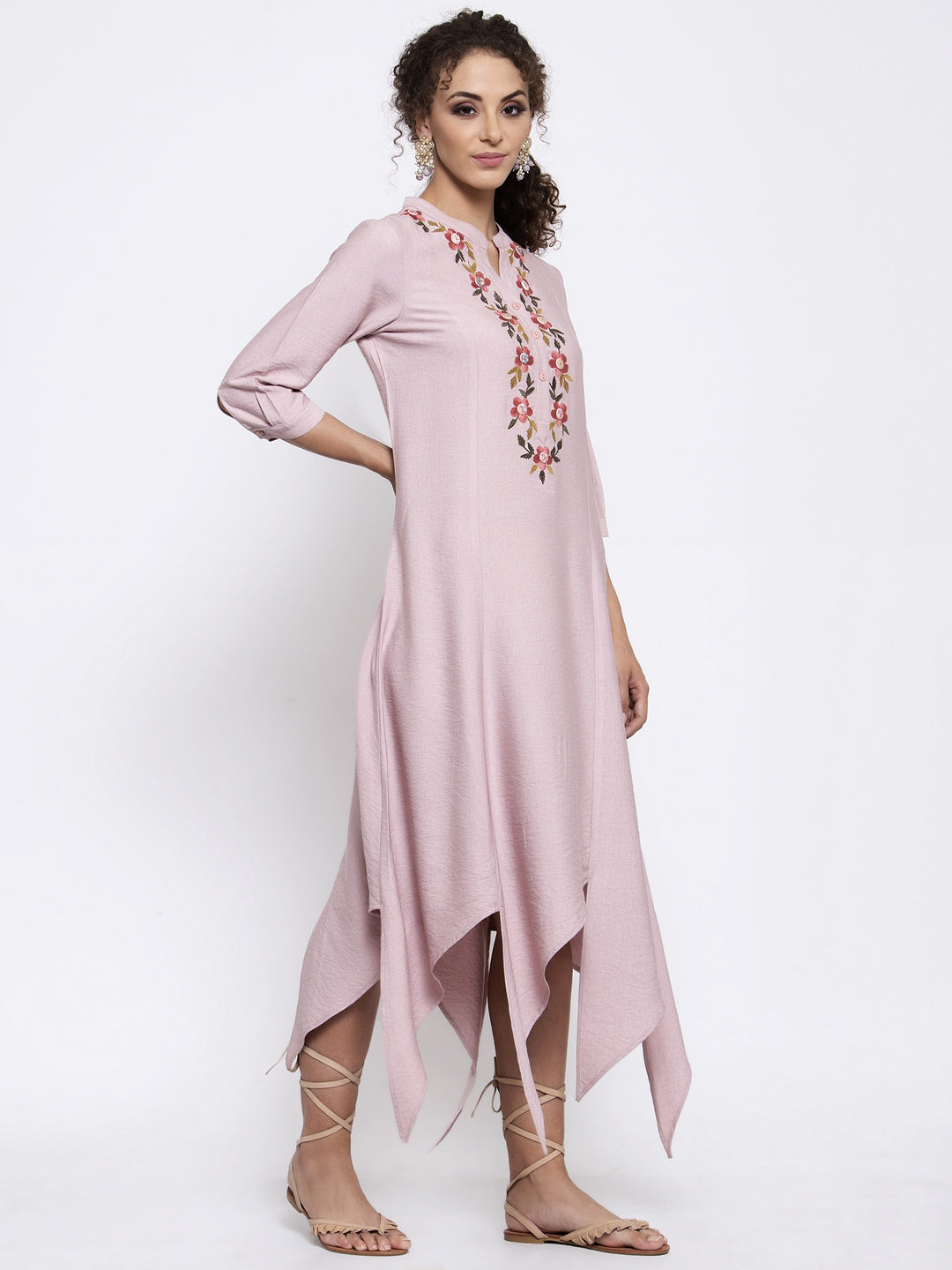 Pink Linen Triangle Dress With Buttons Embroidery