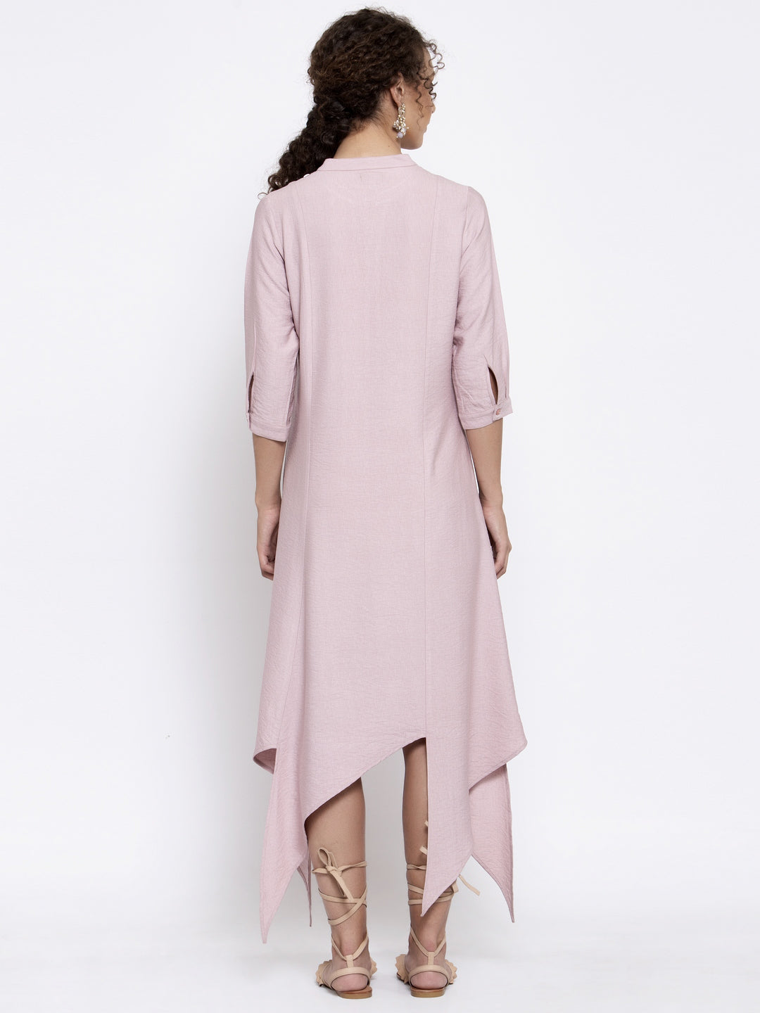 Pink Linen Triangle Dress With Buttons Embroidery