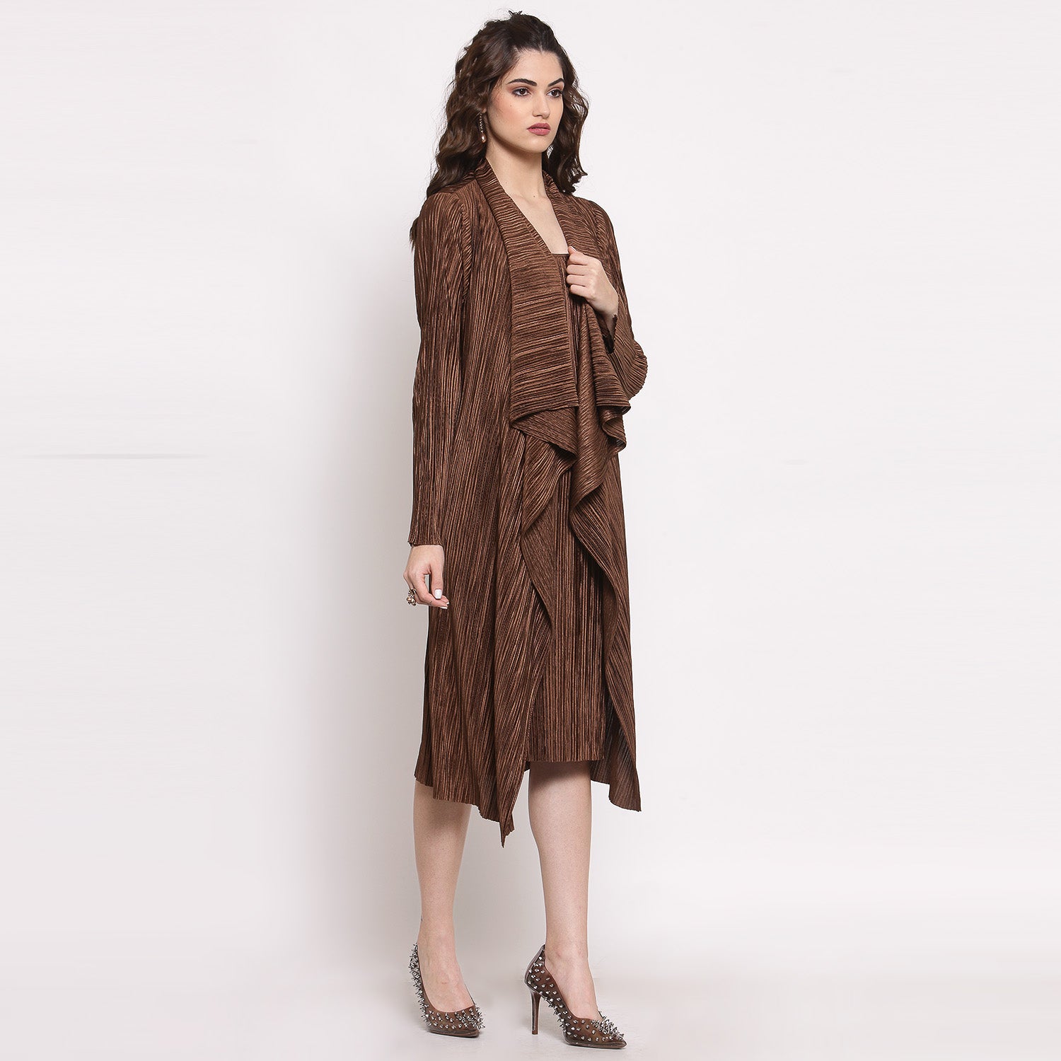 Brown Satin Plisse Drape Jacket