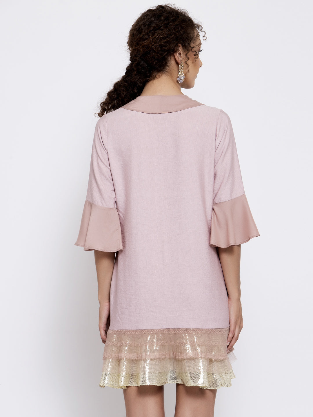 Pink Linen Frill Dress With Sequins Embroidery At Bottom