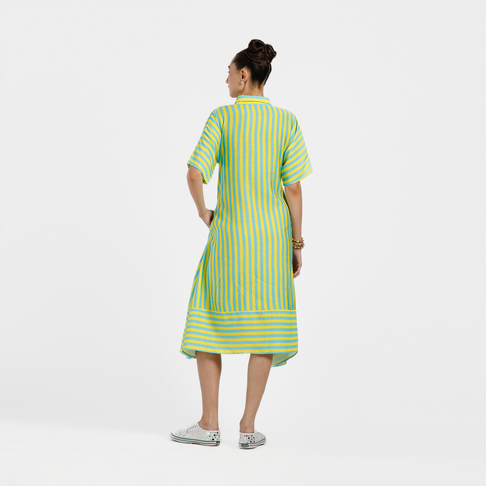 Blue And Yellow A-Line Viscose Print Dress