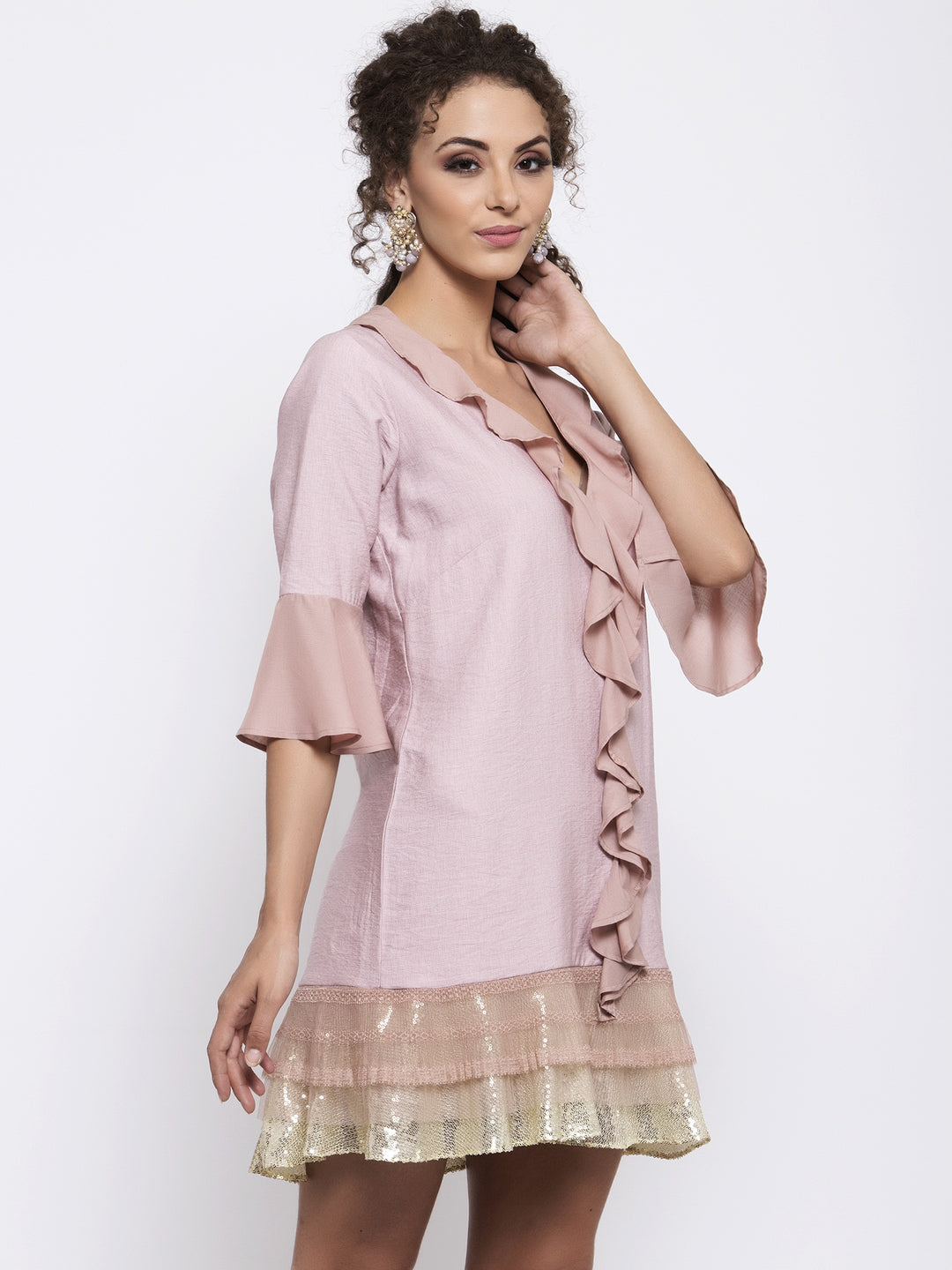 Pink Linen Frill Dress With Sequins Embroidery At Bottom