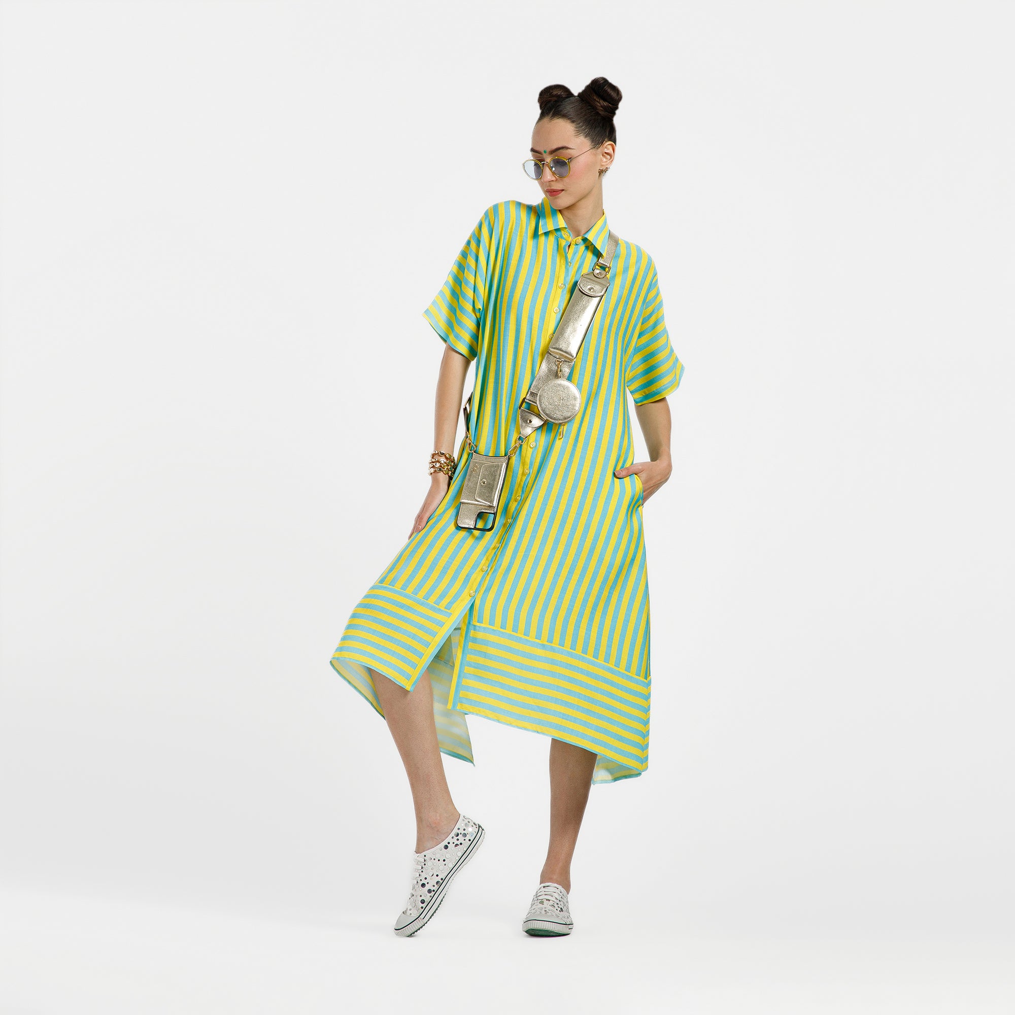 Blue And Yellow A-Line Viscose Print Dress