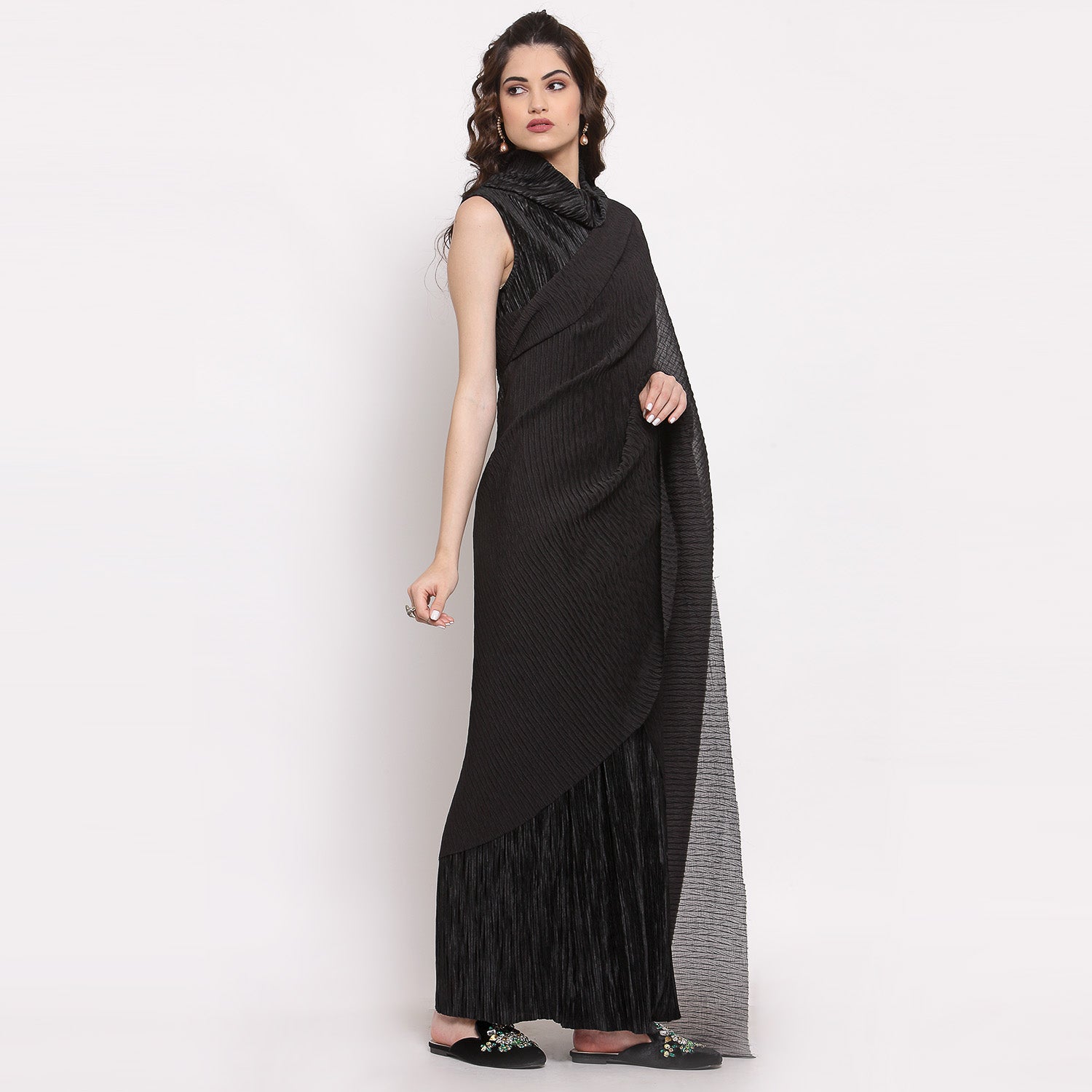 Black Satin Plisse Saree With Chiffon Fabric