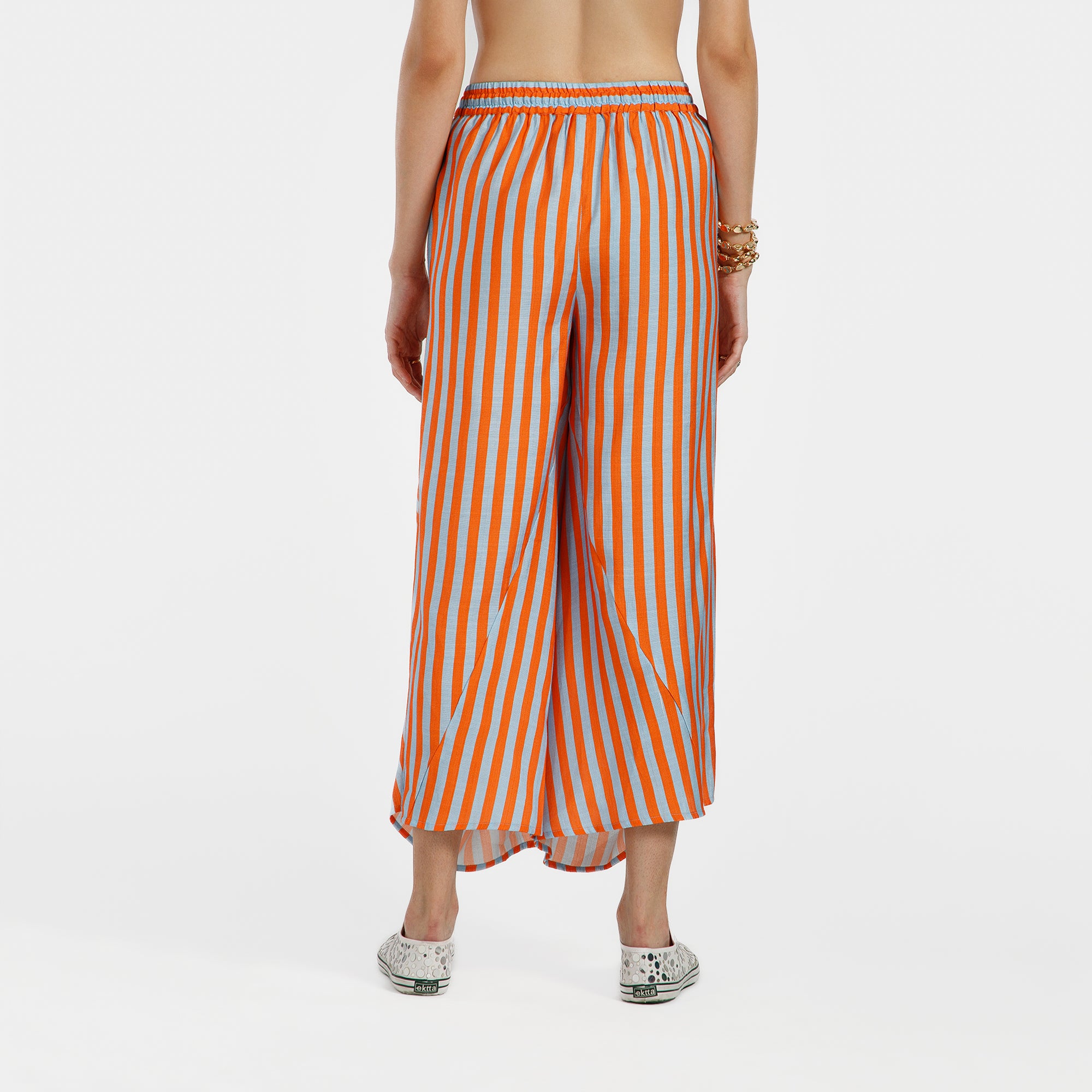 Orange And Blue Draped Viscose Line Print Plazzo