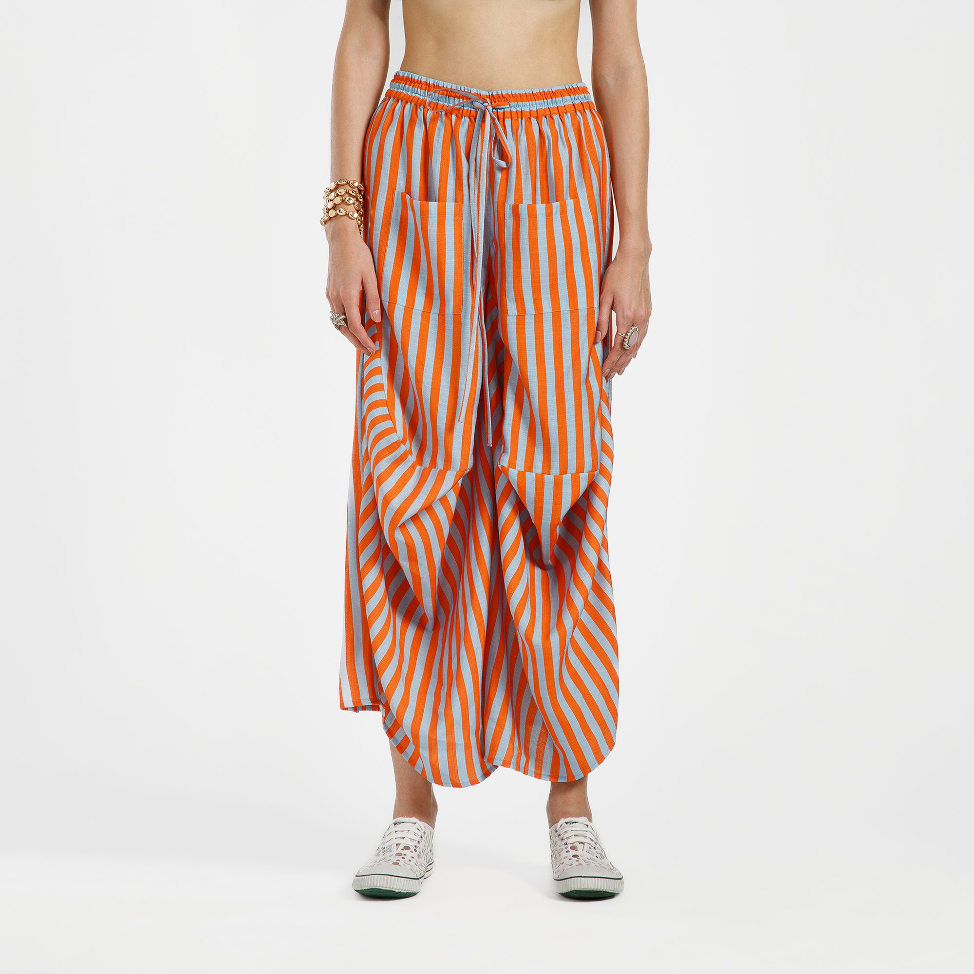 Orange And Blue Draped Viscose Line Print Plazzo