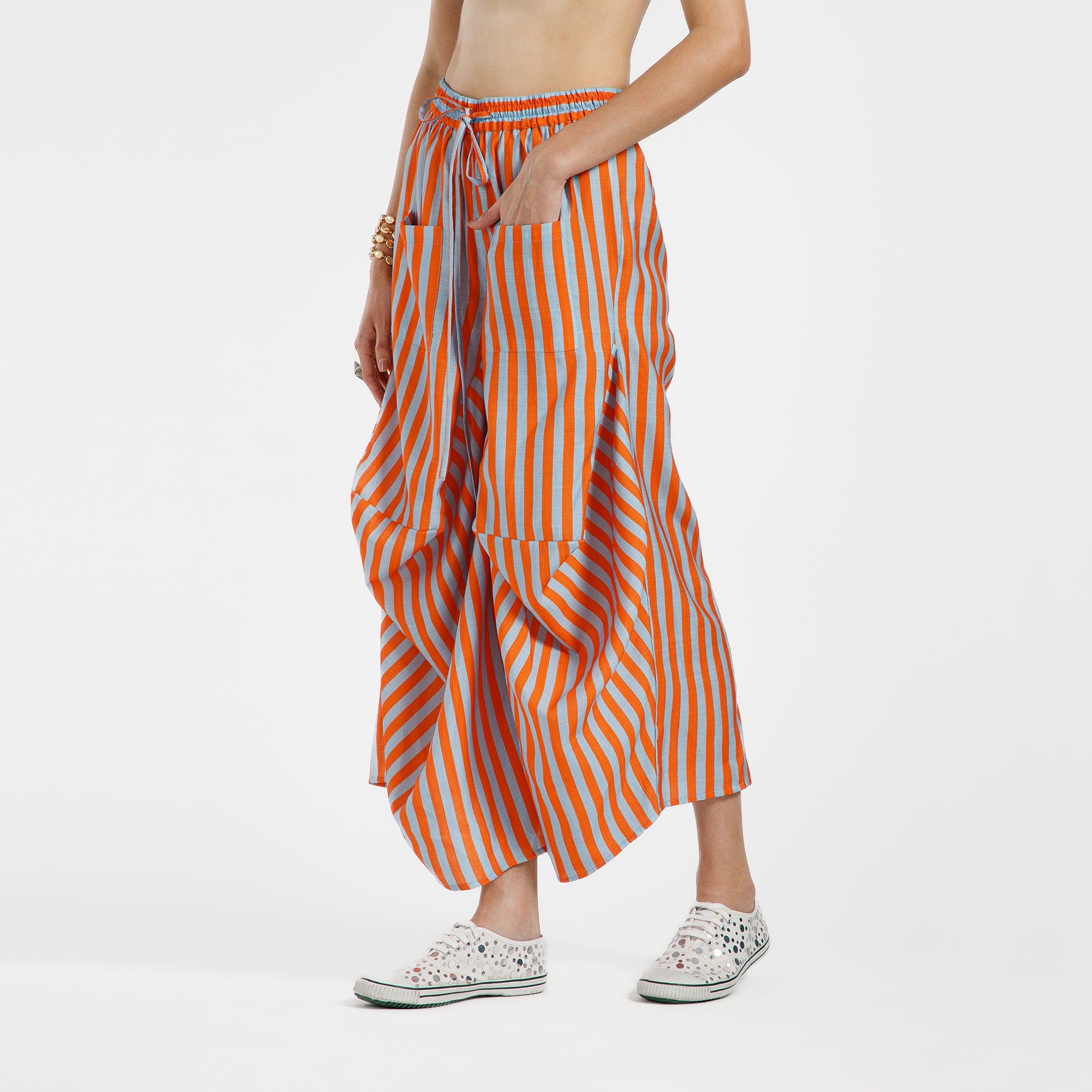 Orange And Blue Draped Viscose Line Print Plazzo