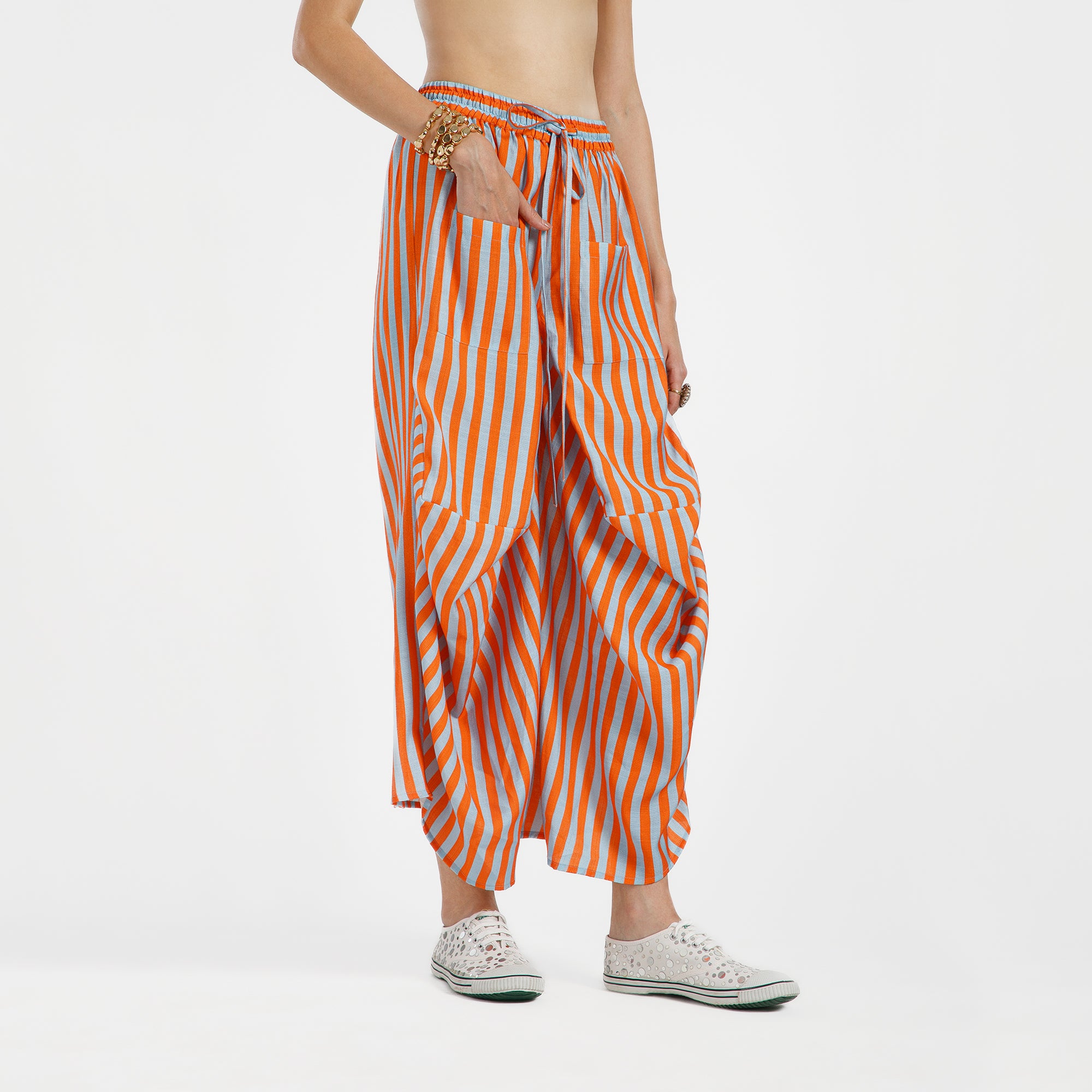 Orange And Blue Draped Viscose Line Print Plazzo
