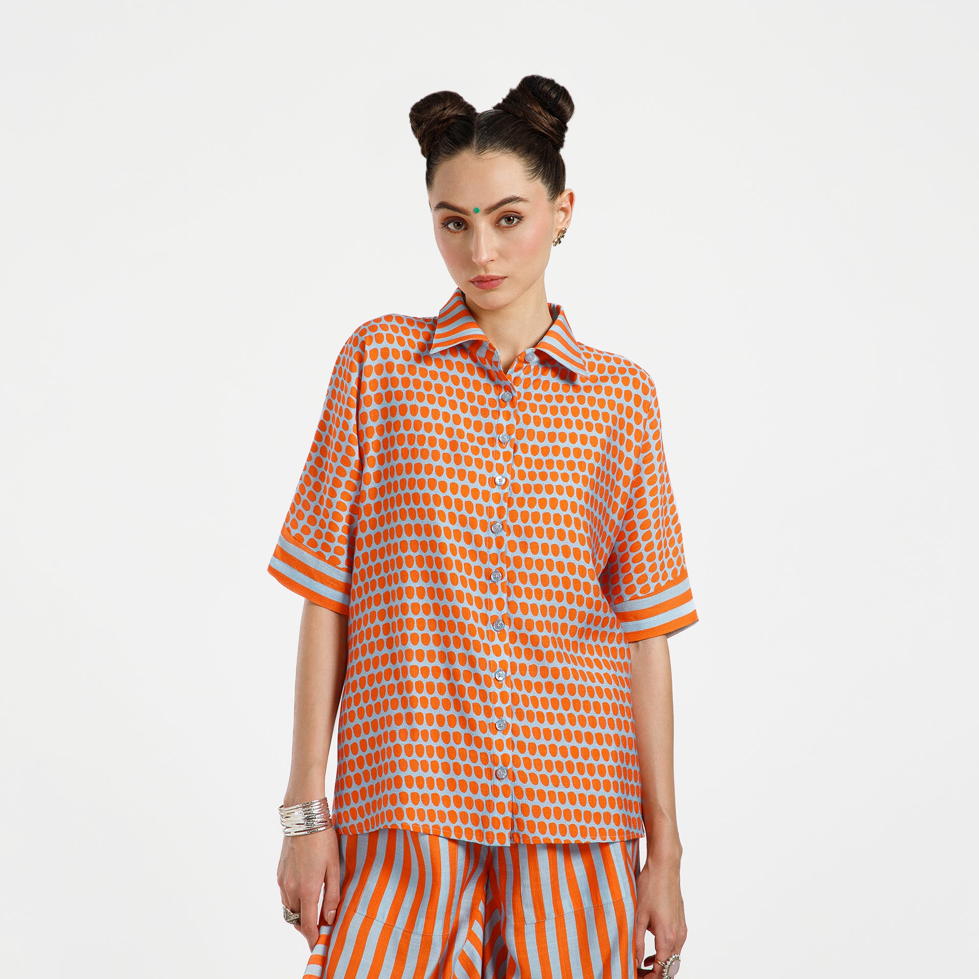 Orange And Blue Drop Print Viscose Shirt