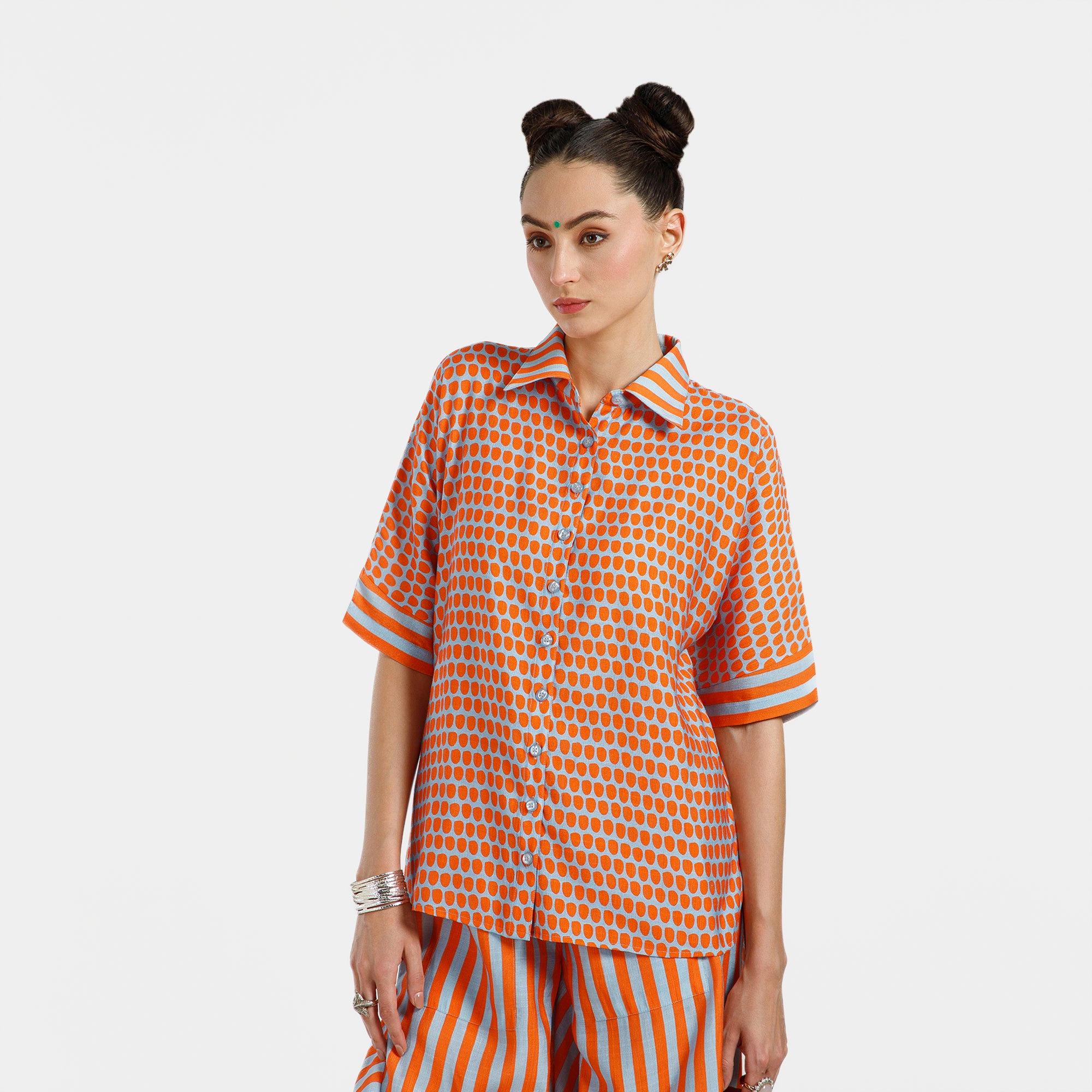 Orange And Blue Drop Print Viscose Shirt