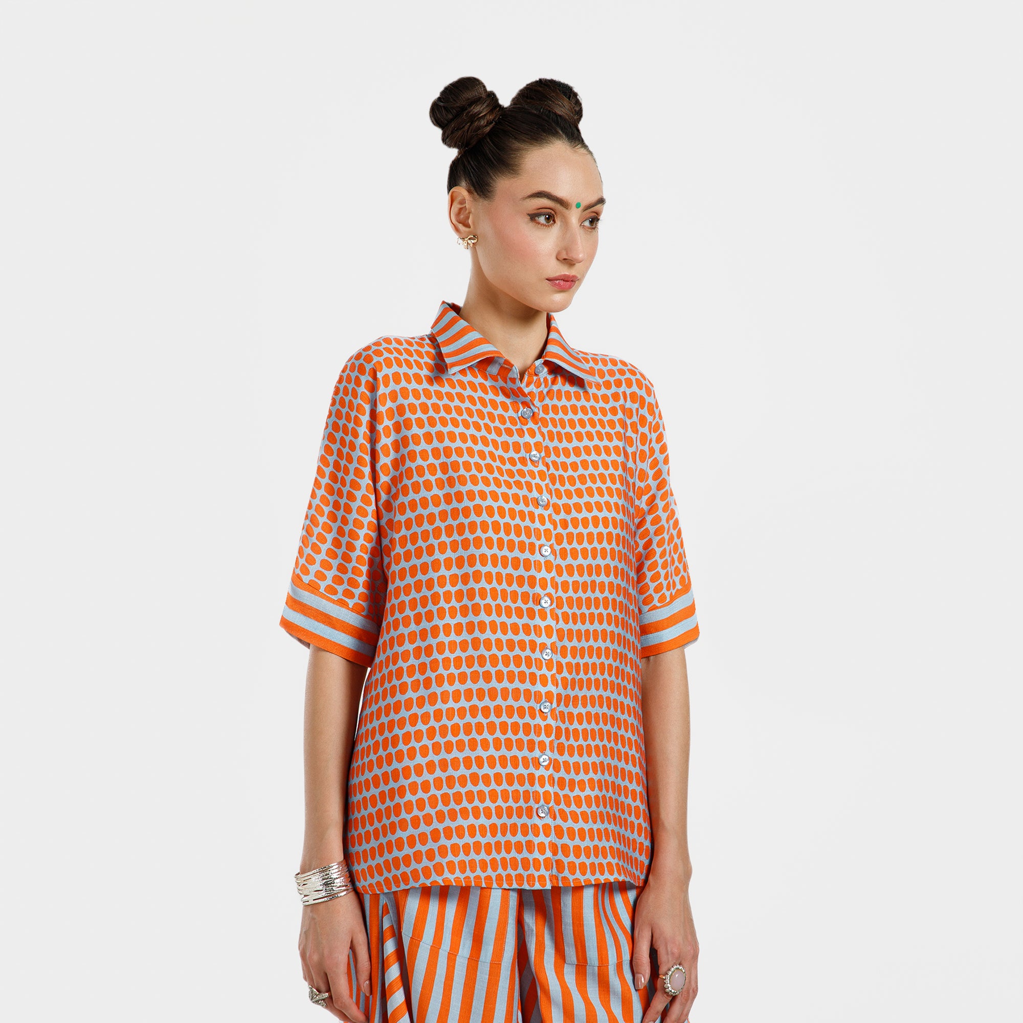 Orange And Blue Drop Print Viscose Shirt