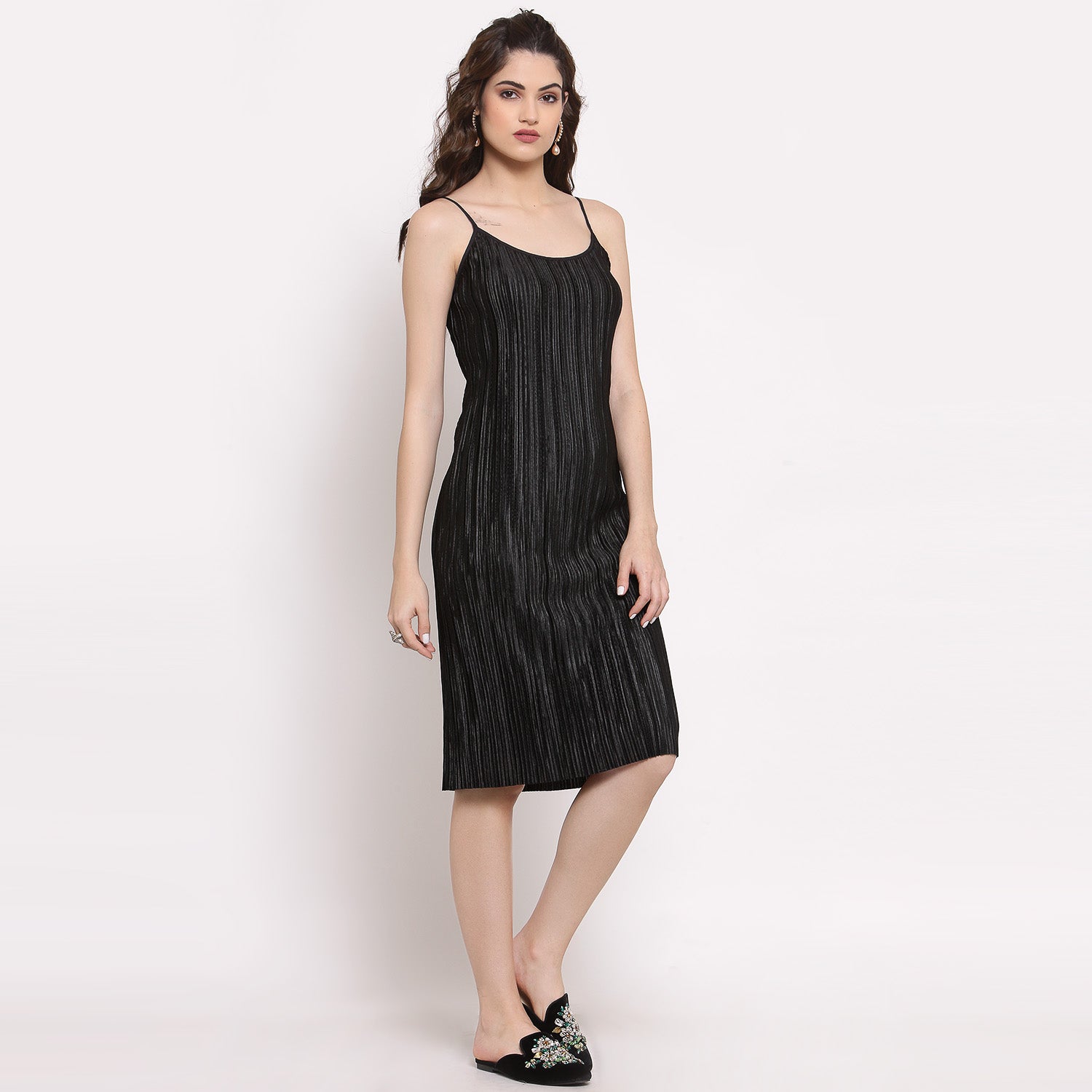 Black Satin Plisse Fabric Spaghetti Dress