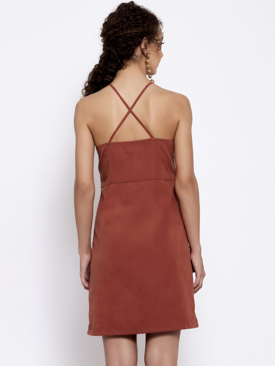 Deep Rust Halter Dress With Buttons