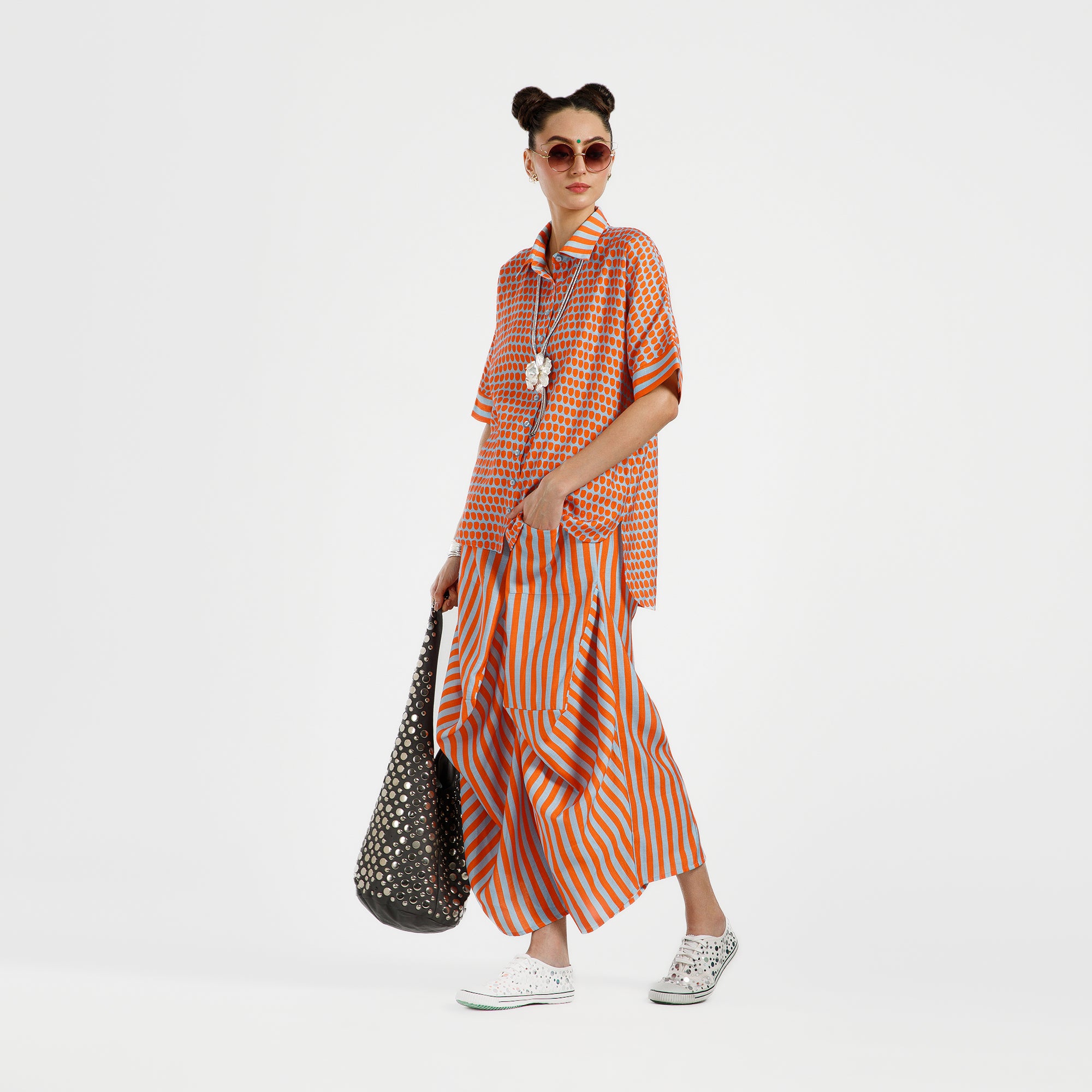 Orange And Blue Drop Print Viscose Shirt