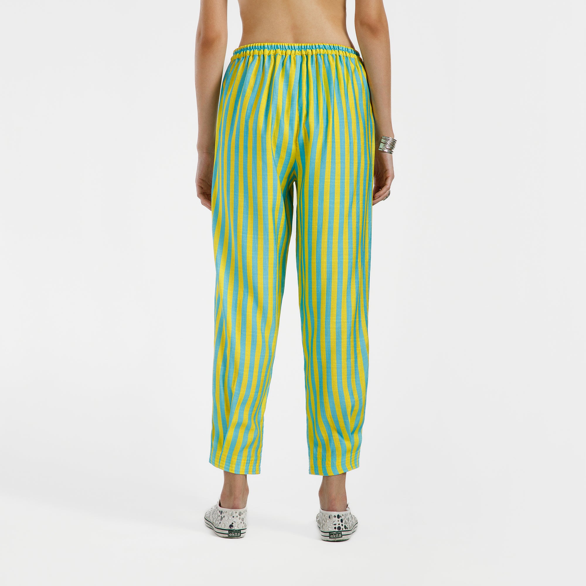 Blue And Yellow Line Print Viscose Pleated Plazzo