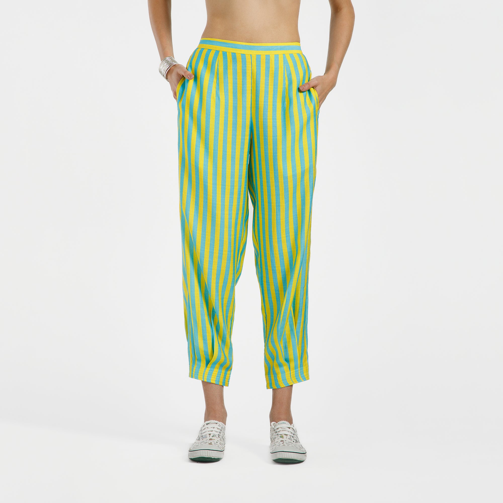 Blue And Yellow Line Print Viscose Pleated Plazzo