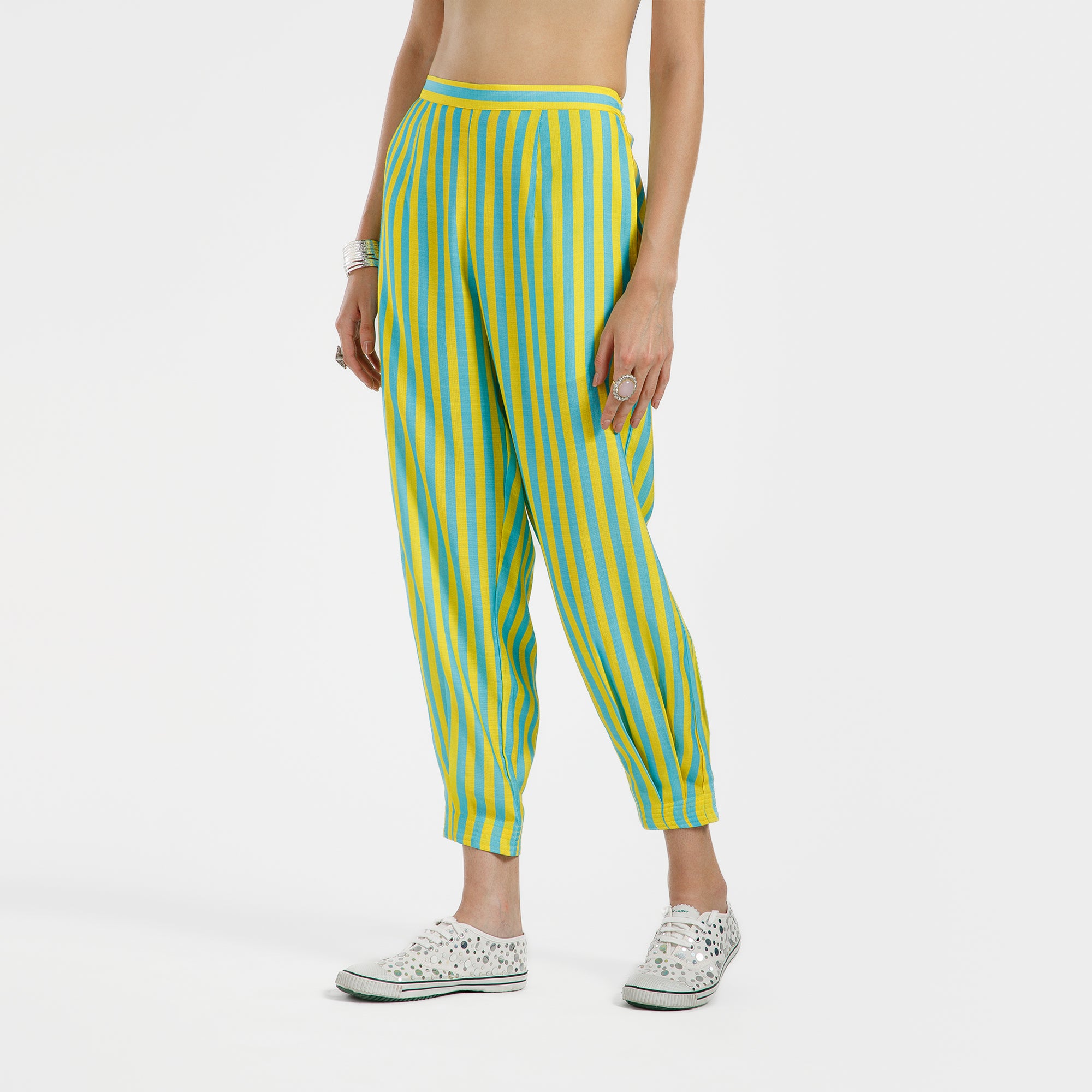 Blue And Yellow Line Print Viscose Pleated Plazzo
