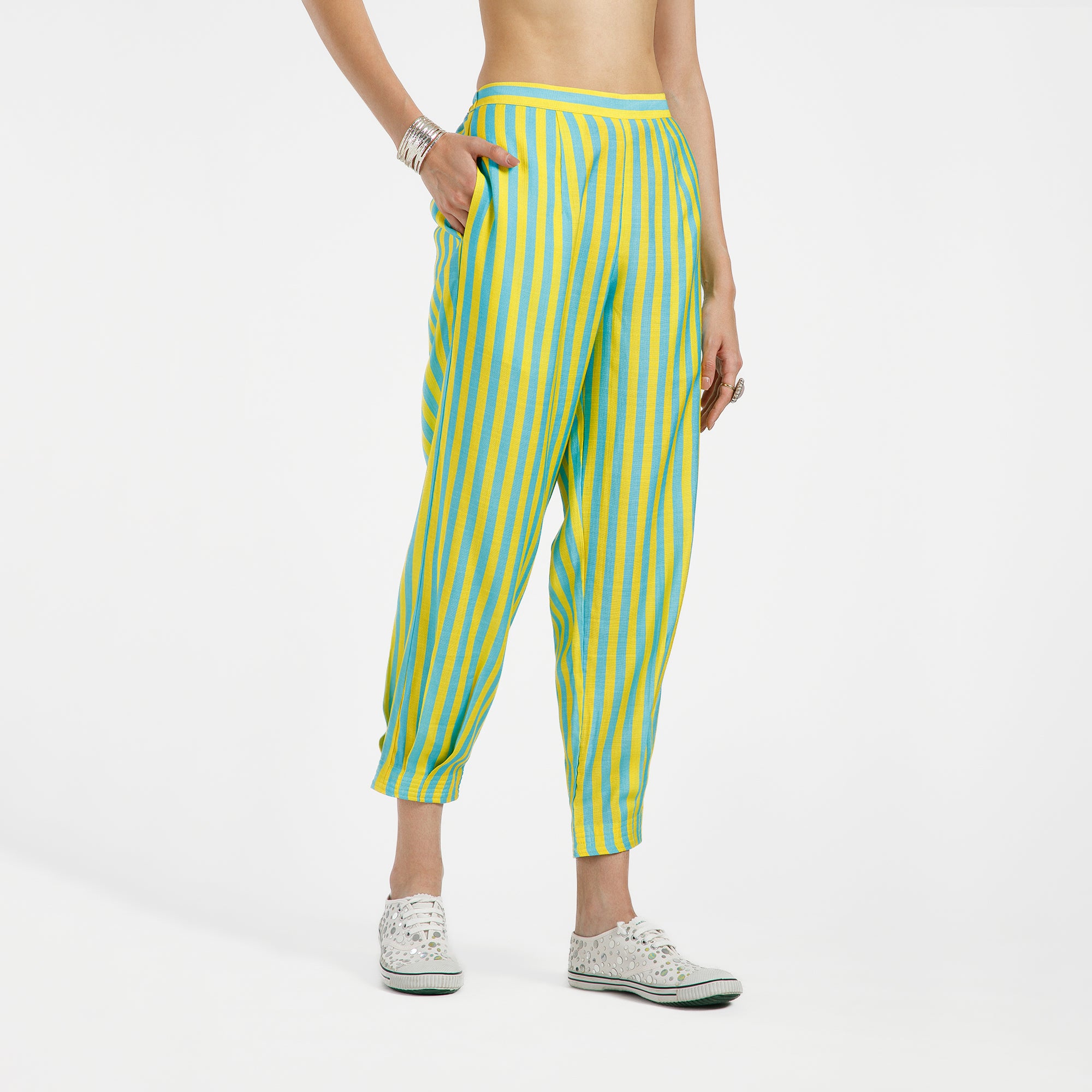 Blue And Yellow Line Print Viscose Pleated Plazzo