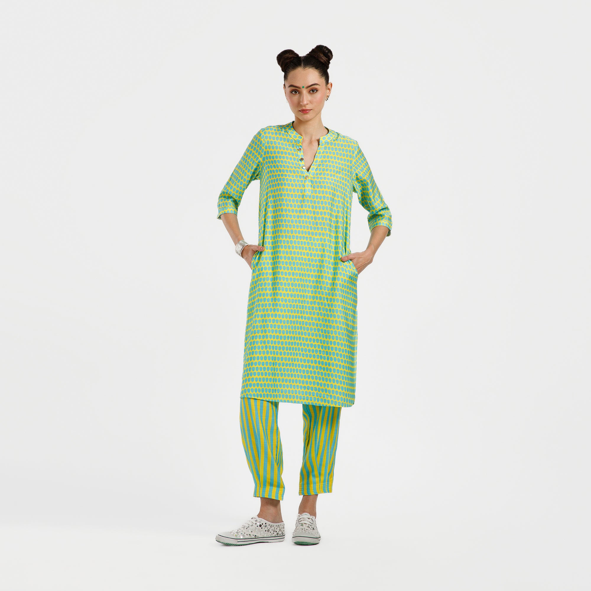 Blue And Yellow Drop Print Viscose Kurta