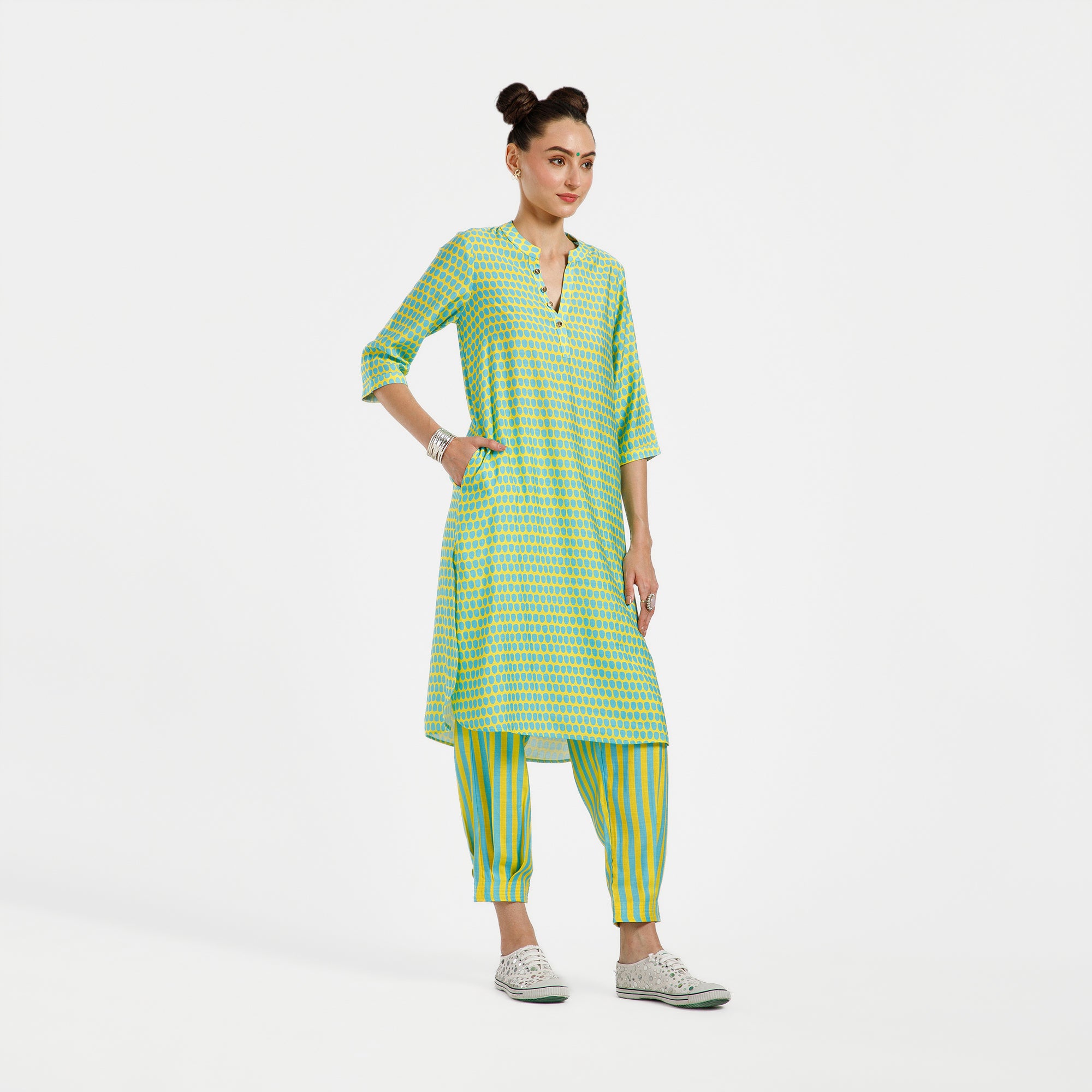 Blue And Yellow Drop Print Viscose Kurta