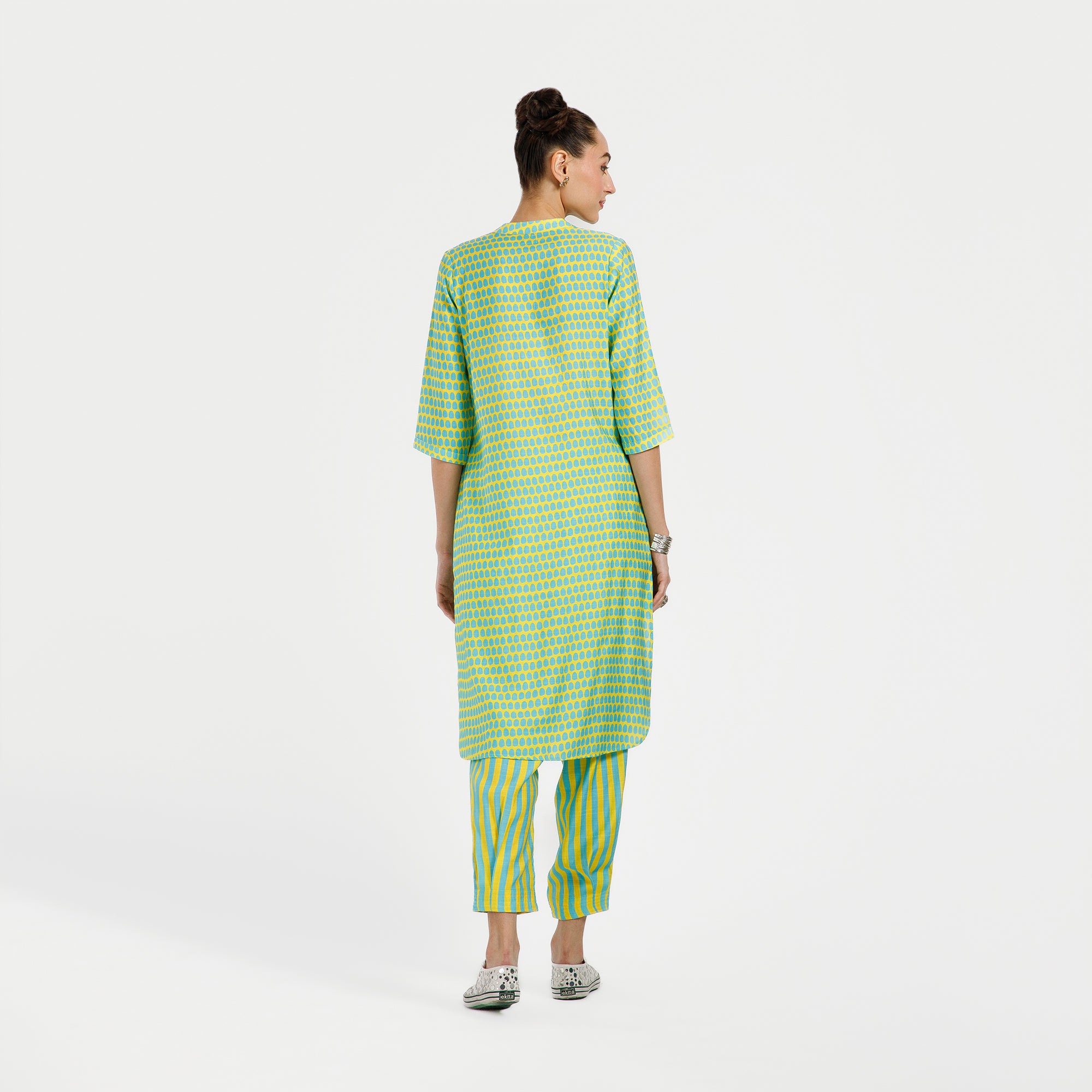 Blue And Yellow Drop Print Viscose Kurta