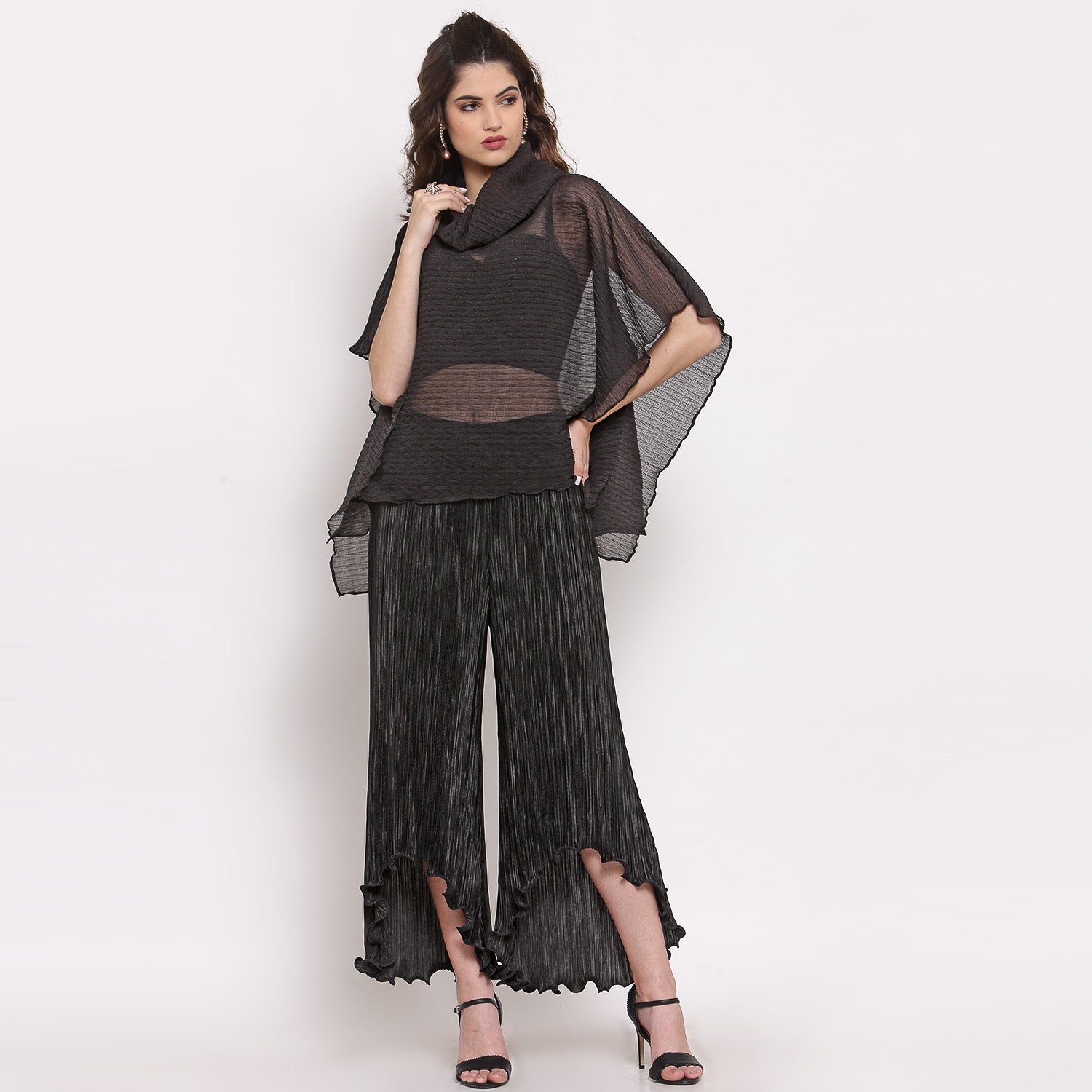 Black Chiffon Plisse Short Kaftan