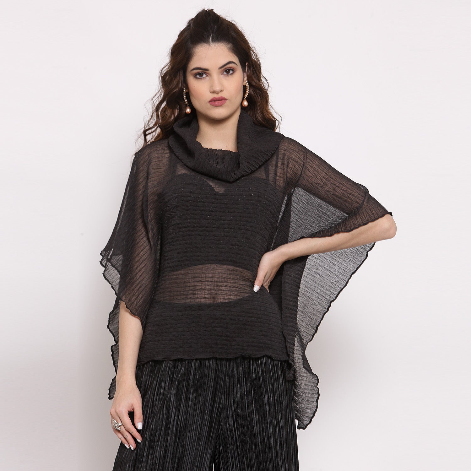 Black Chiffon Plisse Short Kaftan