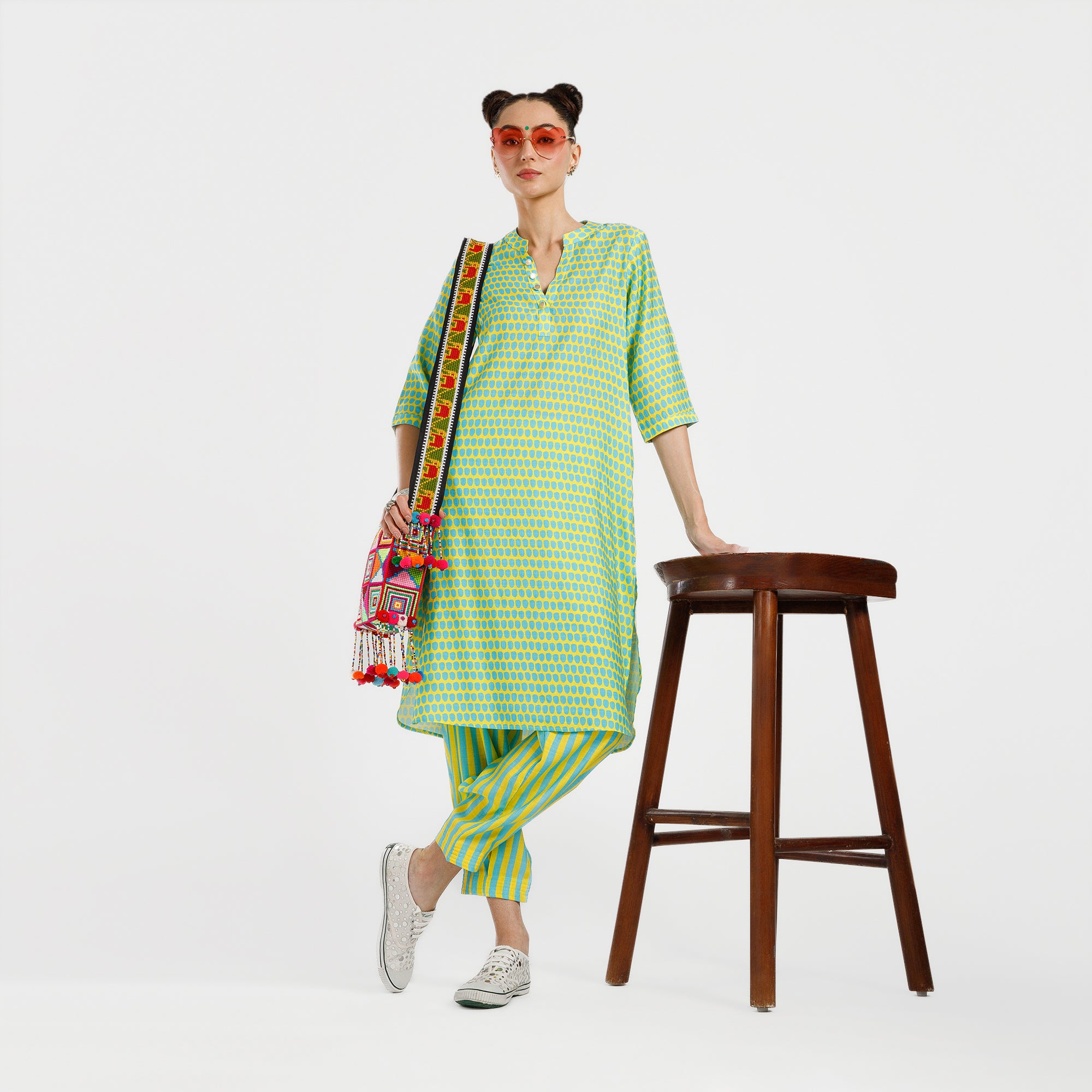Blue And Yellow Drop Print Viscose Kurta