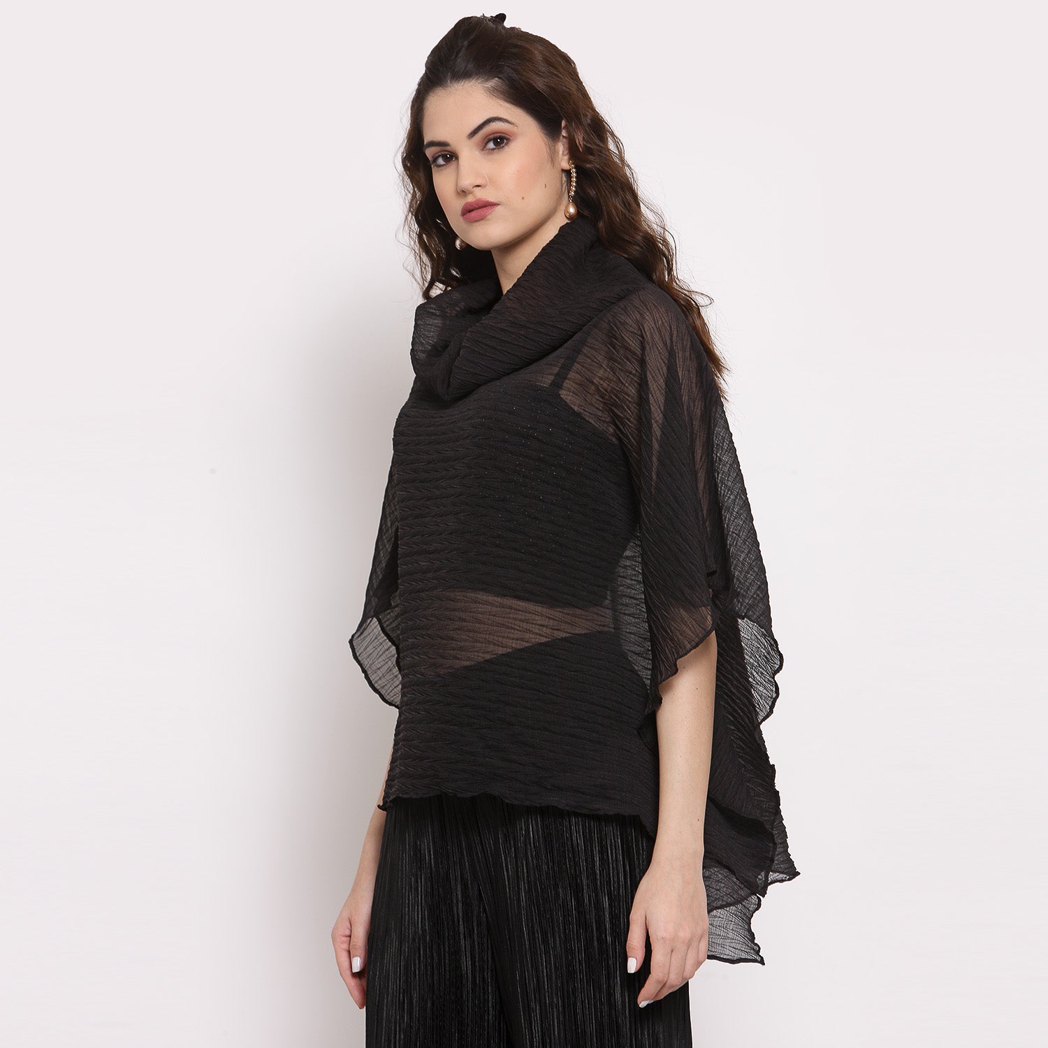 Black Chiffon Plisse Short Kaftan