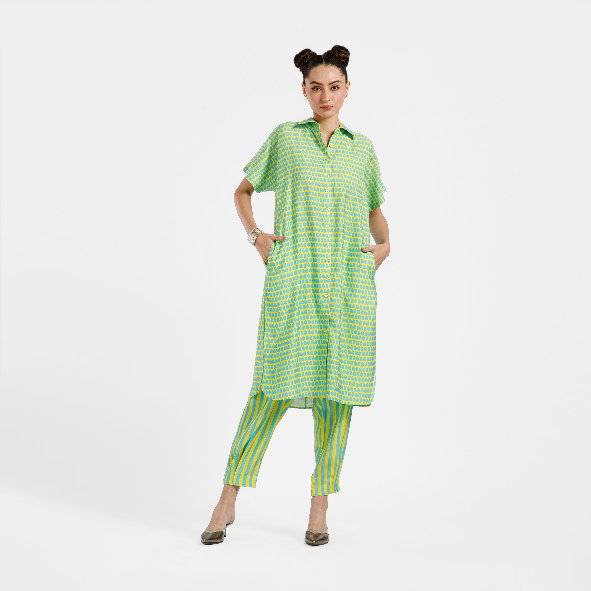 Blue And Yellow Drop Print Viscose Kurta With Belt