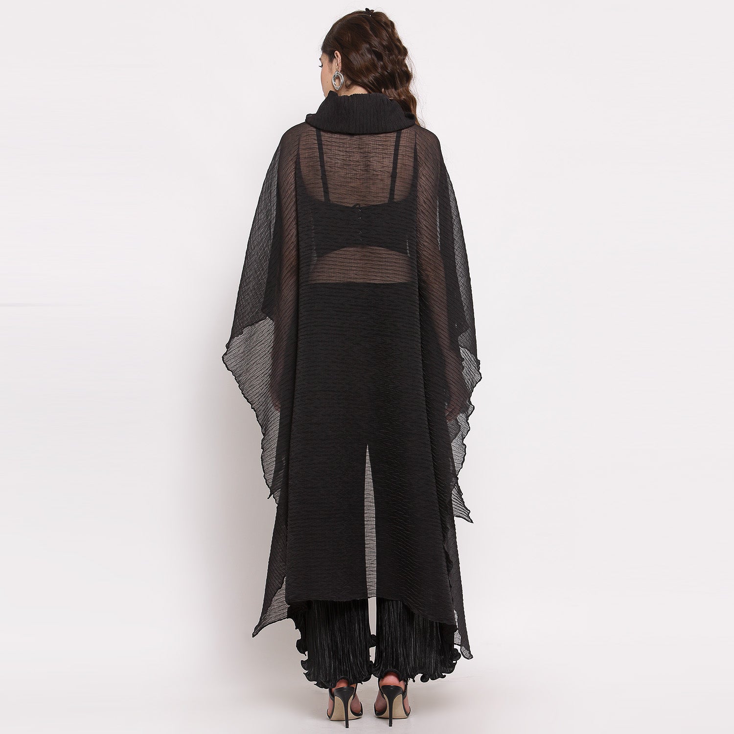 Black Chiffon Plisse Long Kaftan