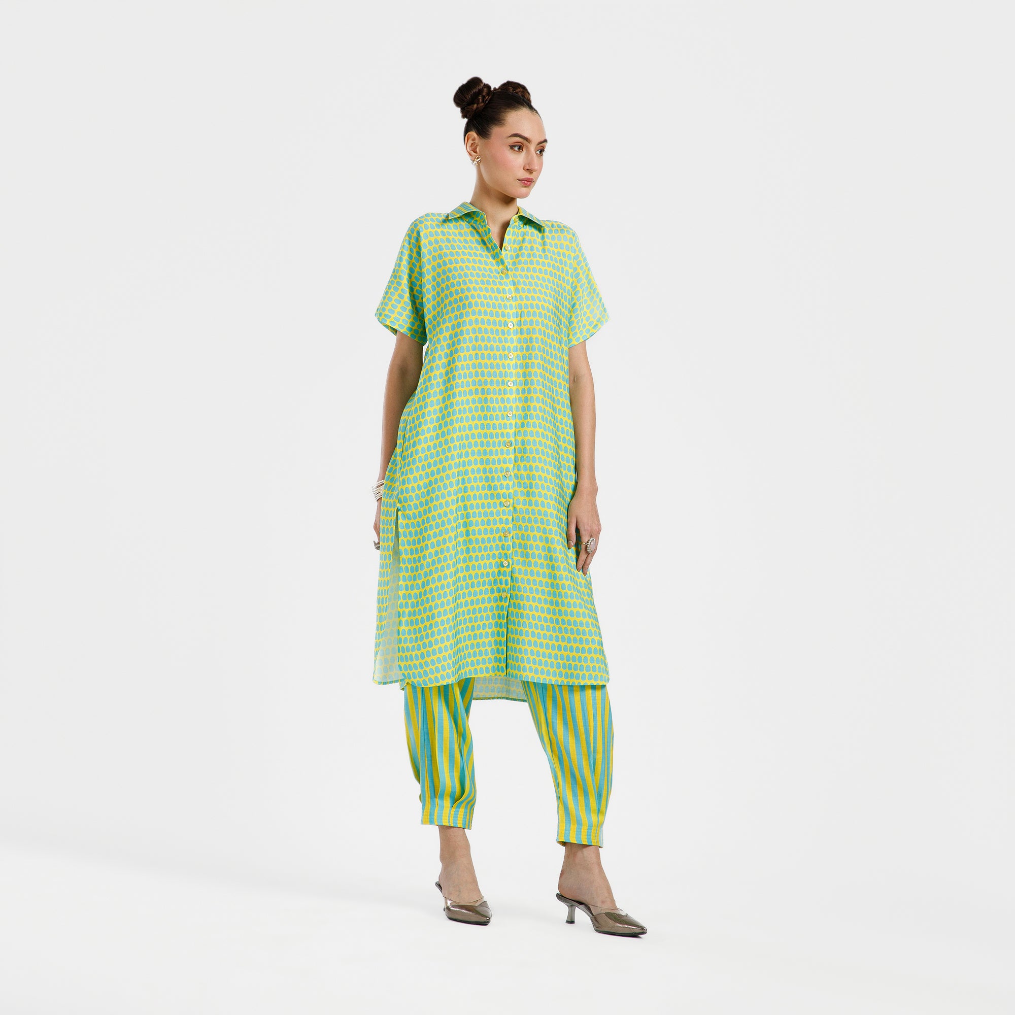 Blue And Yellow Drop Print Viscose Kurta With Belt