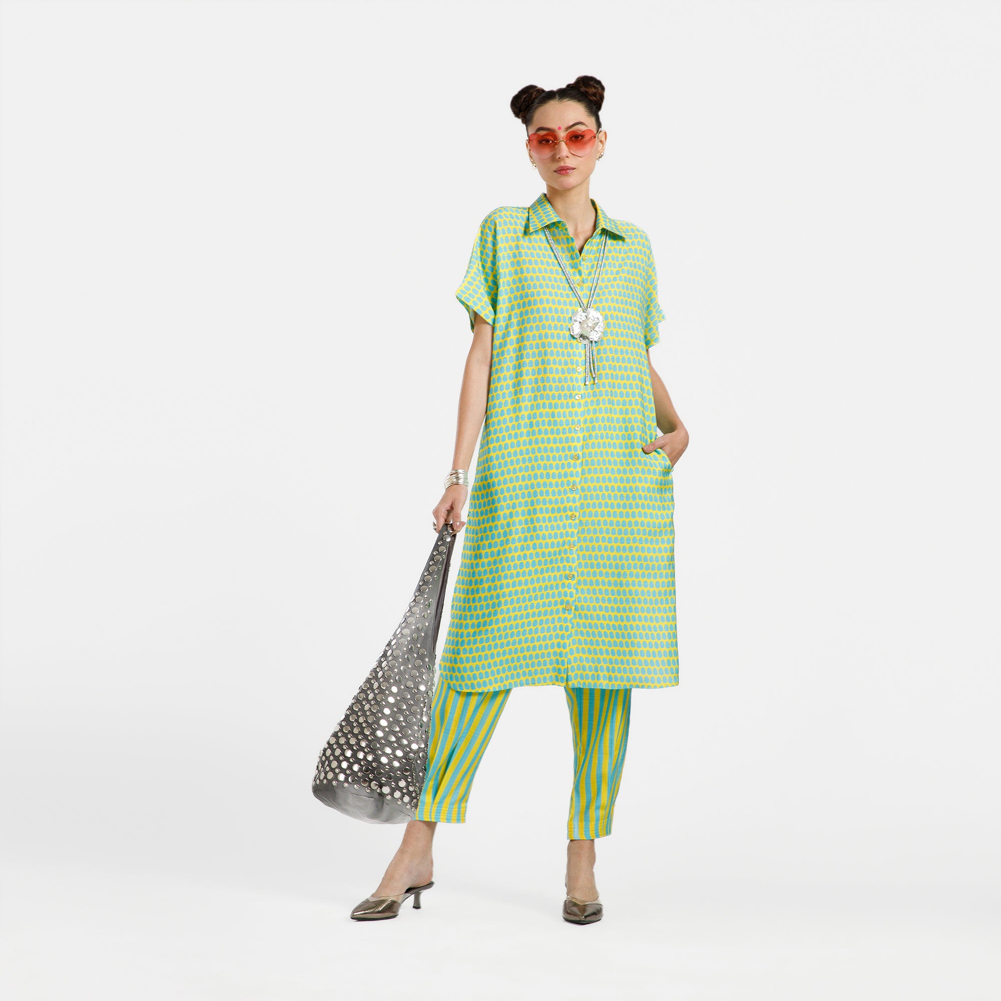 Blue And Yellow Drop Print Viscose Kurta With Belt