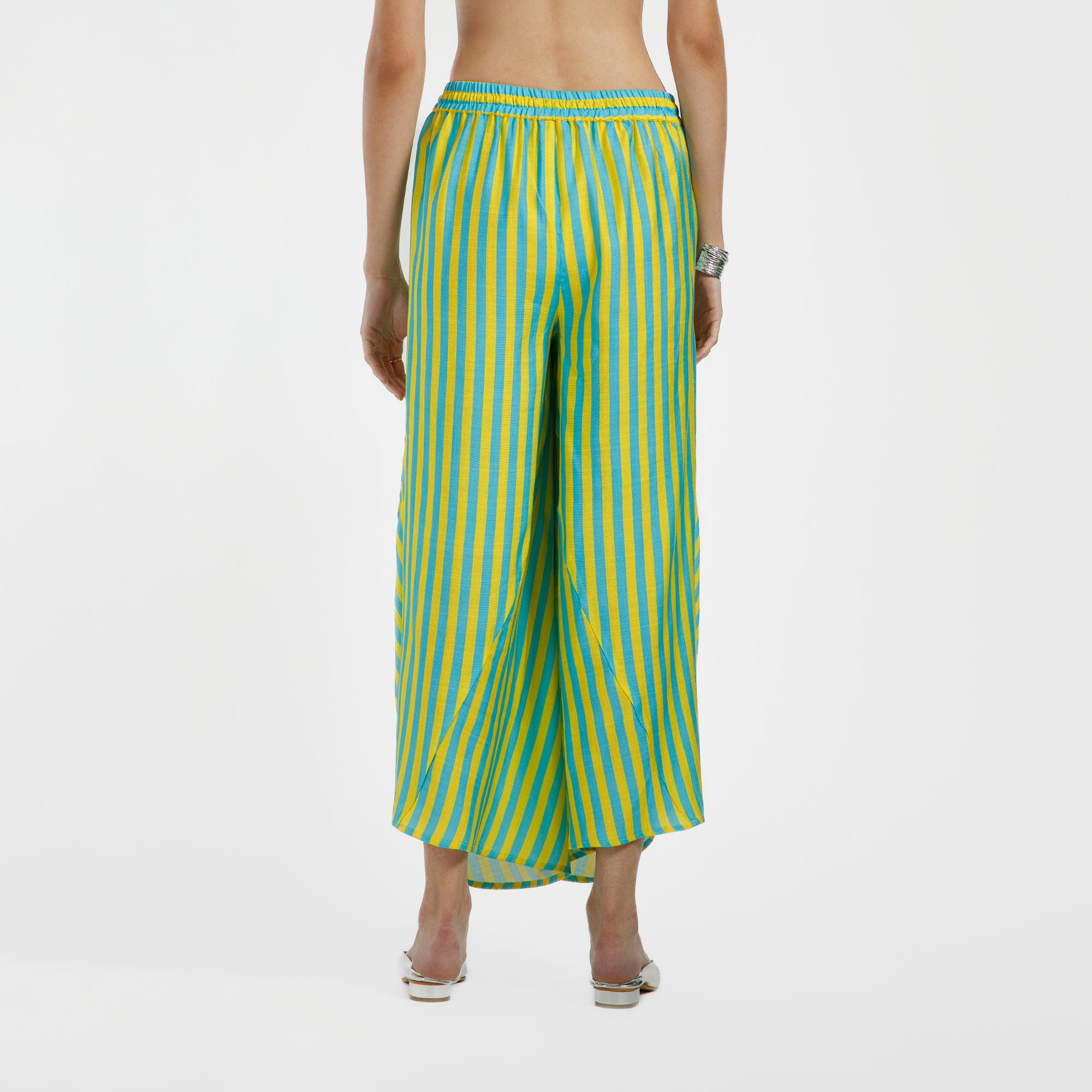 Blue And Yellow Draped Viscose Line Print Plazzo
