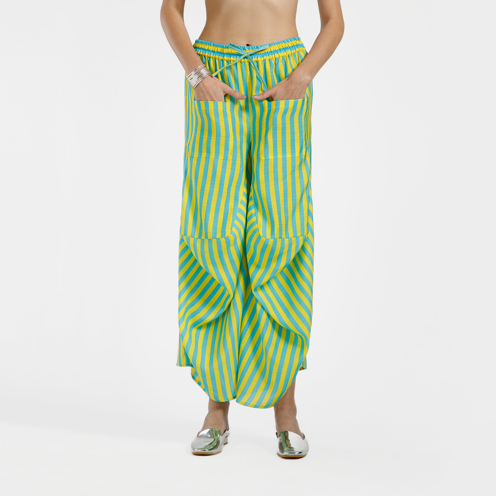 Blue And Yellow Draped Viscose Line Print Plazzo