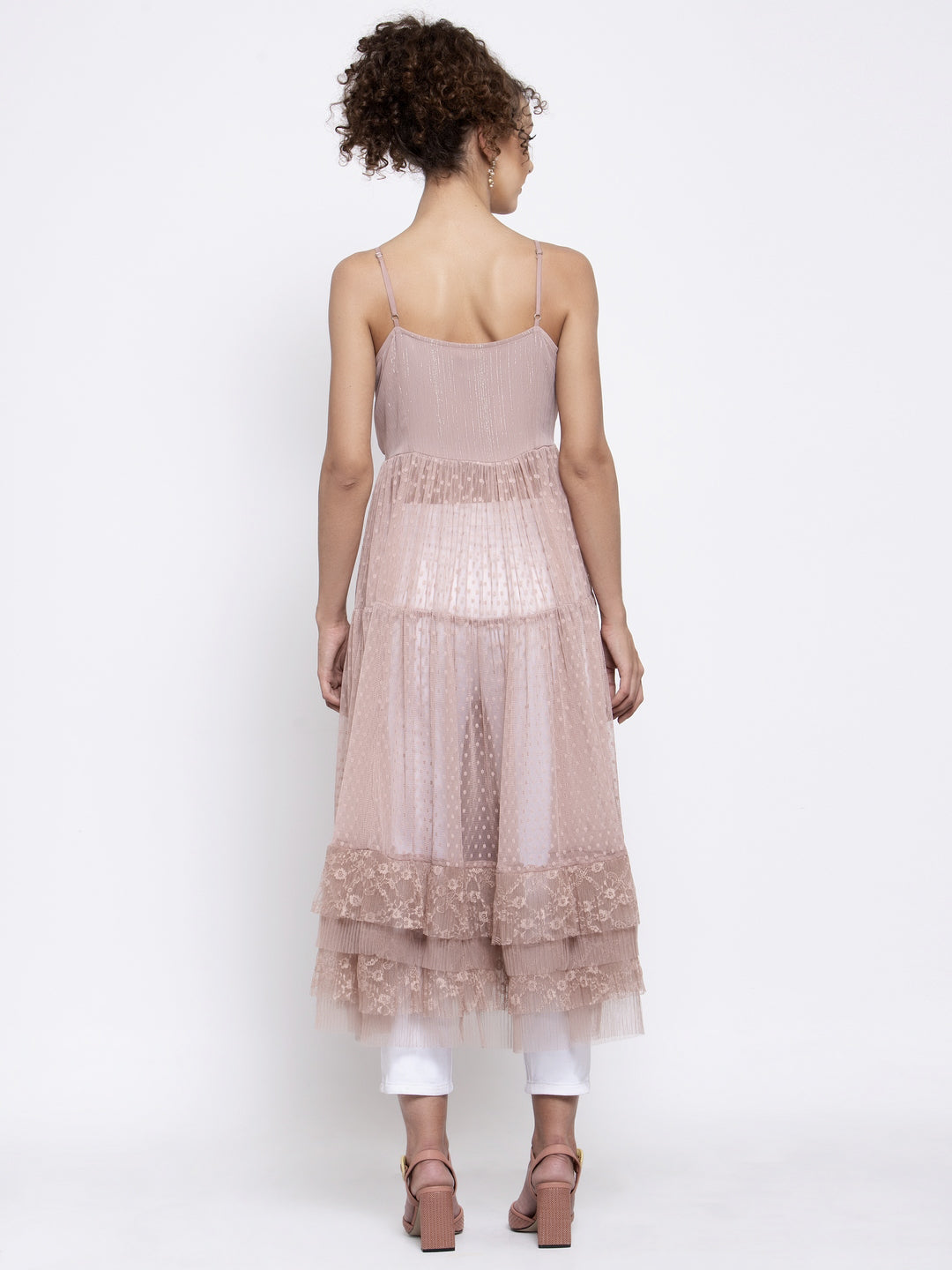 Pink Dotted Net Dress With Frill