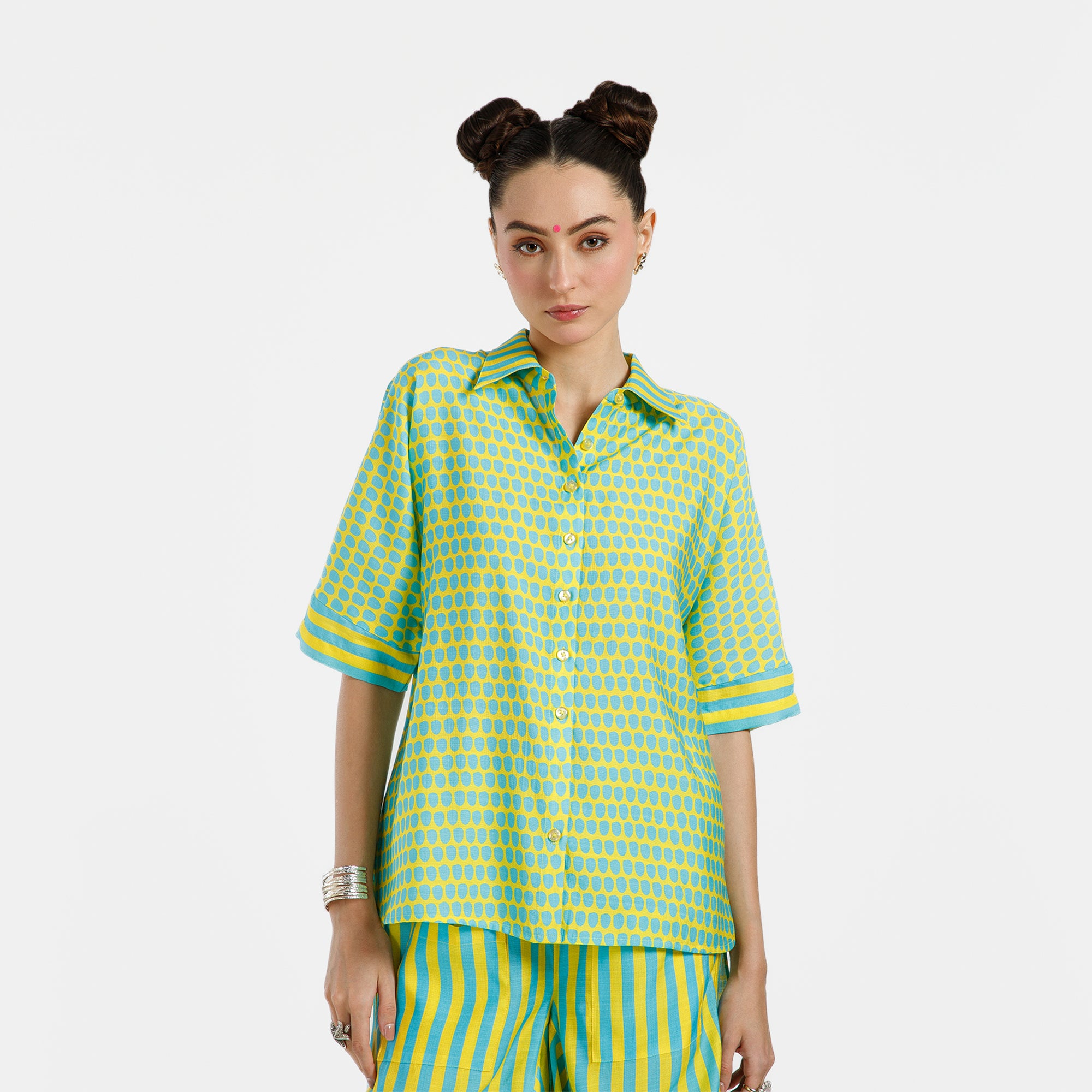 Blue And Yellow Drop Print Viscose Shirt