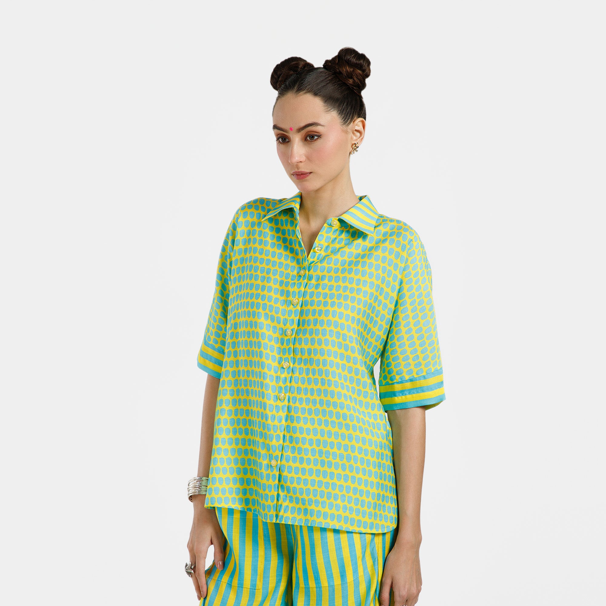 Blue And Yellow Drop Print Viscose Shirt